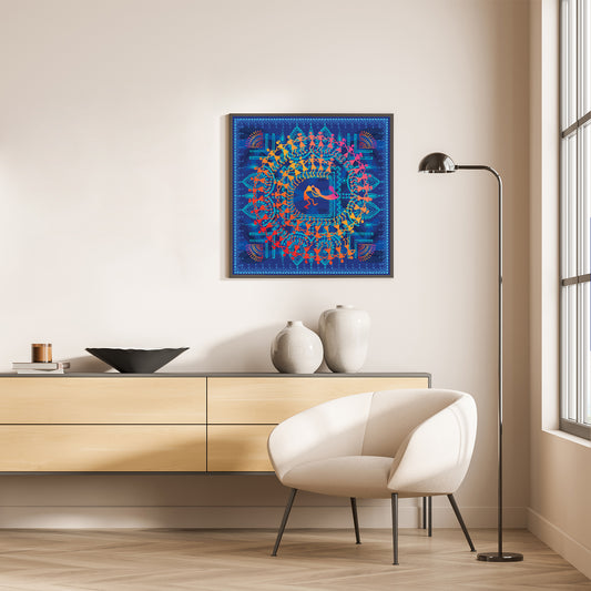 Warli clock face bursts with vibrant sunshine energy.