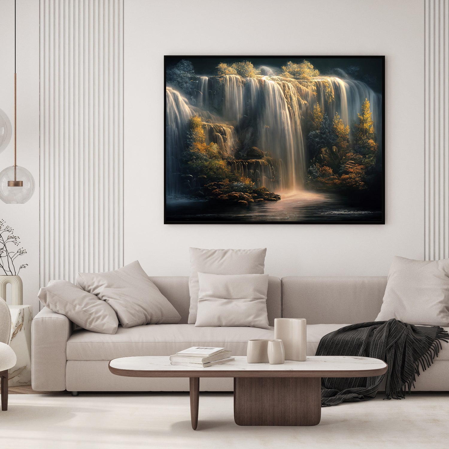 Cascading waterfall whispers serenity on vibrant canvas.
