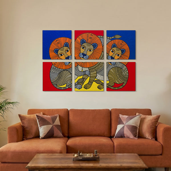 Folk Lion Wildlife Gallery Wall Canvas Artwork Set of 6