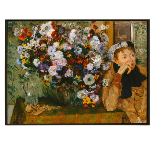 The woman sitting next to a vase with flowers by Edgar Degas fine art print canvas painting