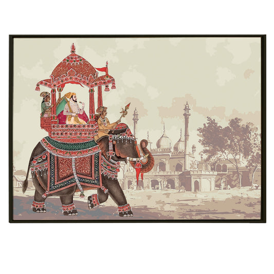 A Tapestry of Power and Grace: The Mughal Emperor's Journey on a Decorated Elephant Carriage, Flanked by Royal Guards Wall Painting