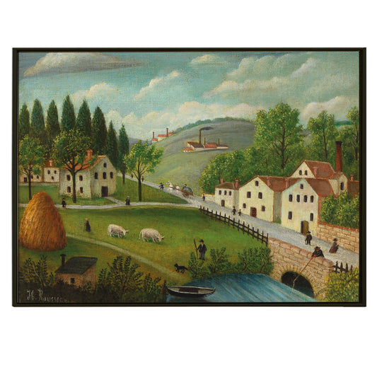 Pastoral Landscape with Stream Fisherman and Strollers - Henri Rousseau - Canvas Roll Art Print Framed Masterpiece