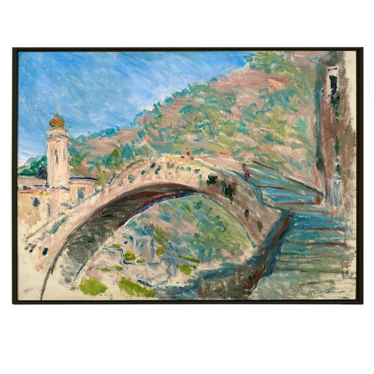 Large Wall Art Framed Canvas - Blue & Beige Bridge at Dolceacqua By Cloude Monet Canvas Painting Modern Art Impressionism on Framed Canvas Artwork Perfect for Office and Home Wall Decor.