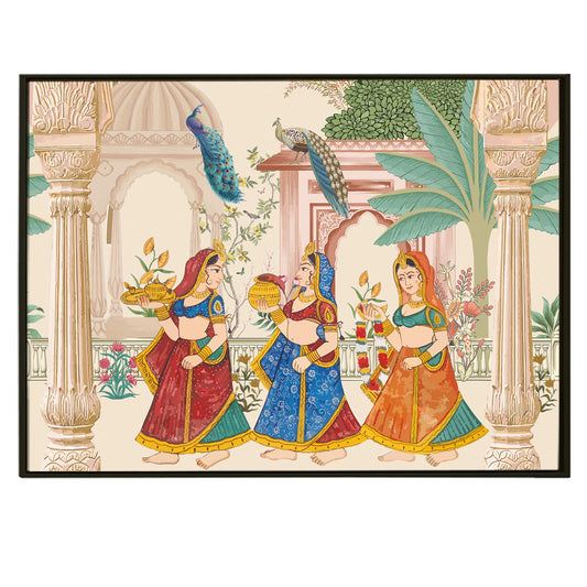Peacock's Perch: A Mughal Artwork Depicting Women and Nature Antique Design Large Wall Art Canvas Framed Painting for Home Decoration