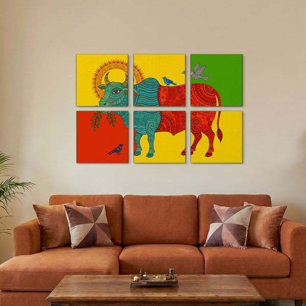 Colorful Cow Folk Gallery Wall Canvas Artwork Set of 6