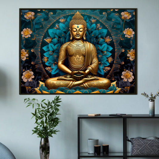 Sitting Gautam Buddha Meditation Antique Design Large Wall Art Canvas Framed Painting for Home Decoration Abstract Colorful Lord Buddha Large Size Perfect Home Office Living Room Space.