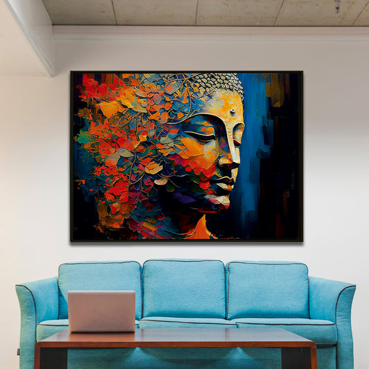 Buddha Wall Art Canvas Framed Paintings Gautam Head Picture Colorful Meditation Buddhism Religious Flower Artworks Large Size For Office Living Room Bedroom Yoga Room Home Decoration.