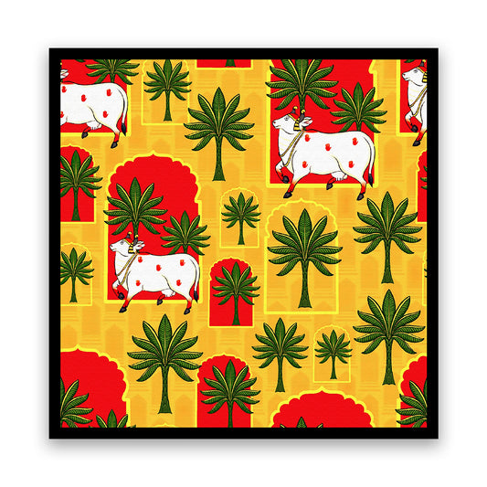 Traditional Cattle and Palm Motifs Against Vibrant Geometric Backdrop