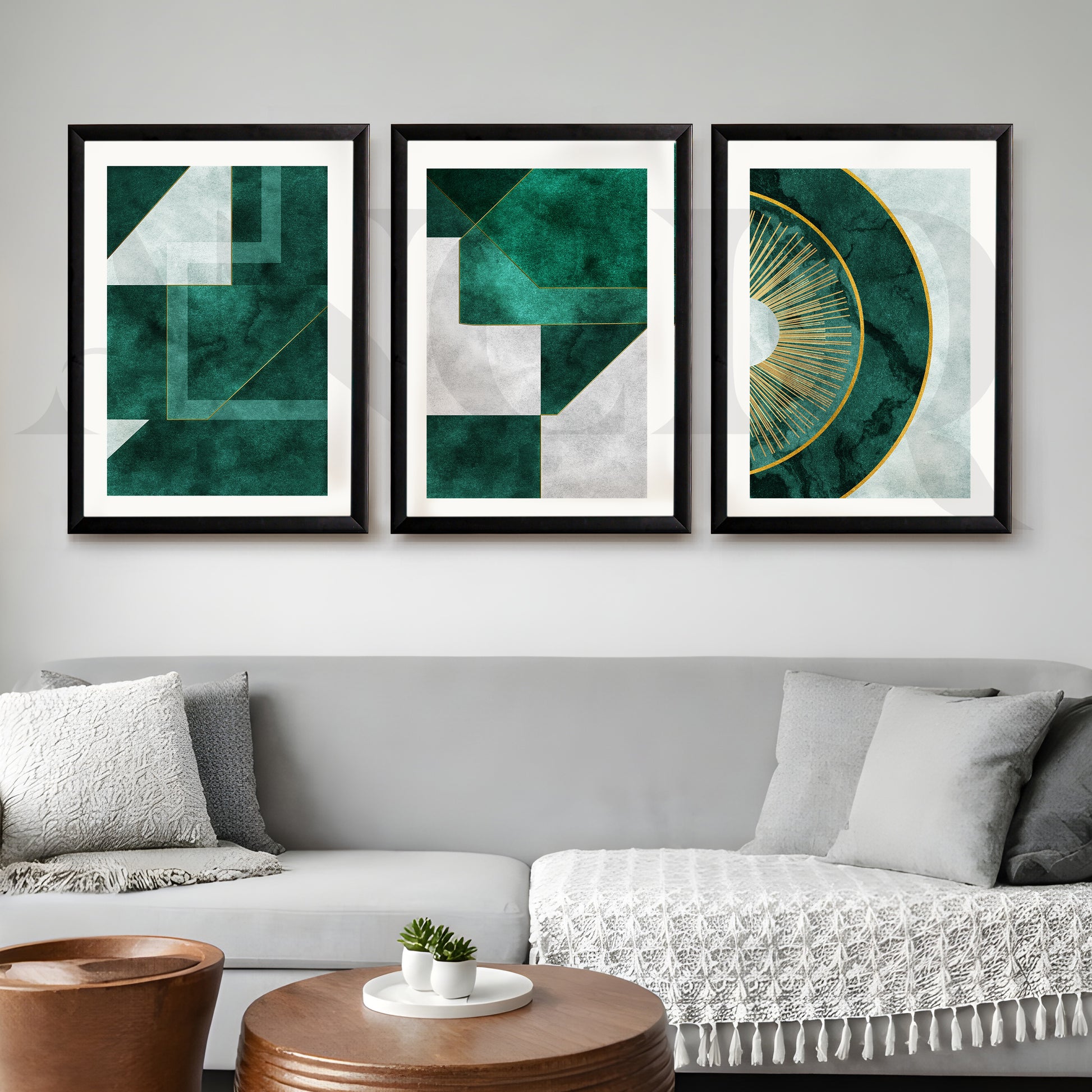 Emerald Luxe Geometry Gallery Wall – Set of 3 Modern Abstract Artworks - 18 x 24 Inches for Living Room