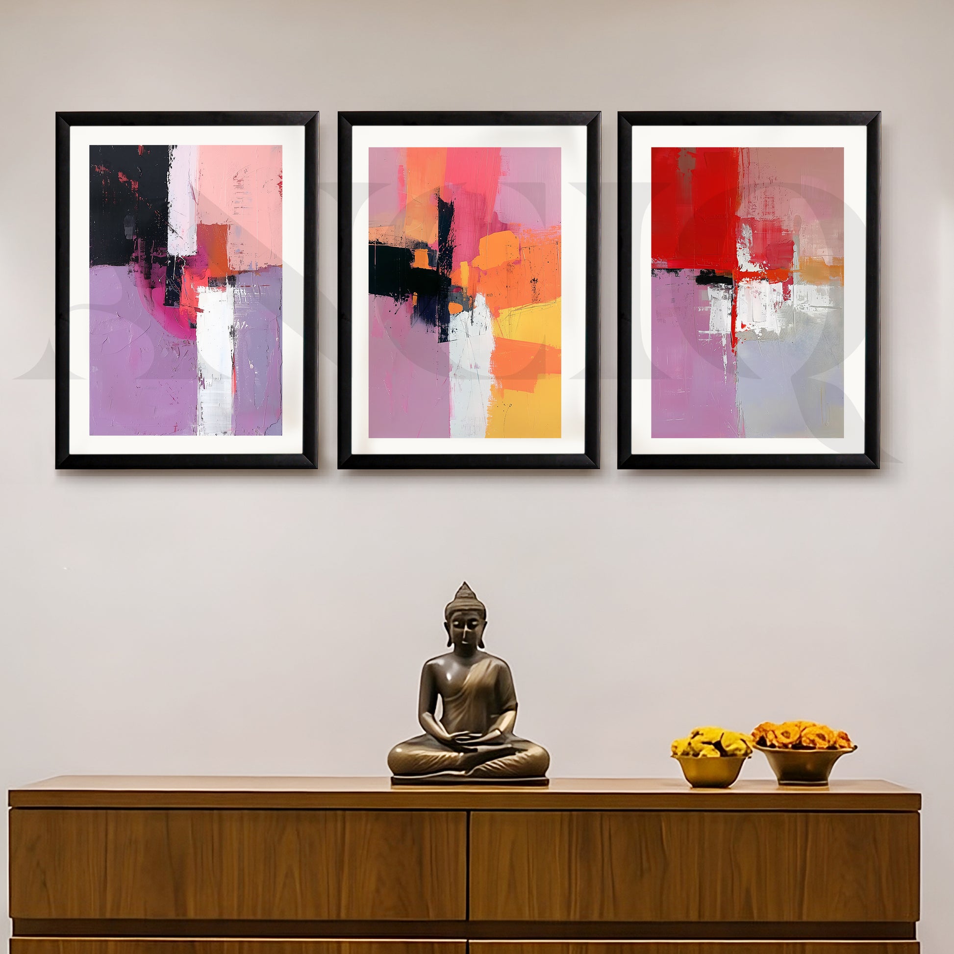 Blush & Crimson Abstract Gallery Wall – Set of 3 Contemporary Artworks - 18 x 24 Inches for Entryway/Hallway