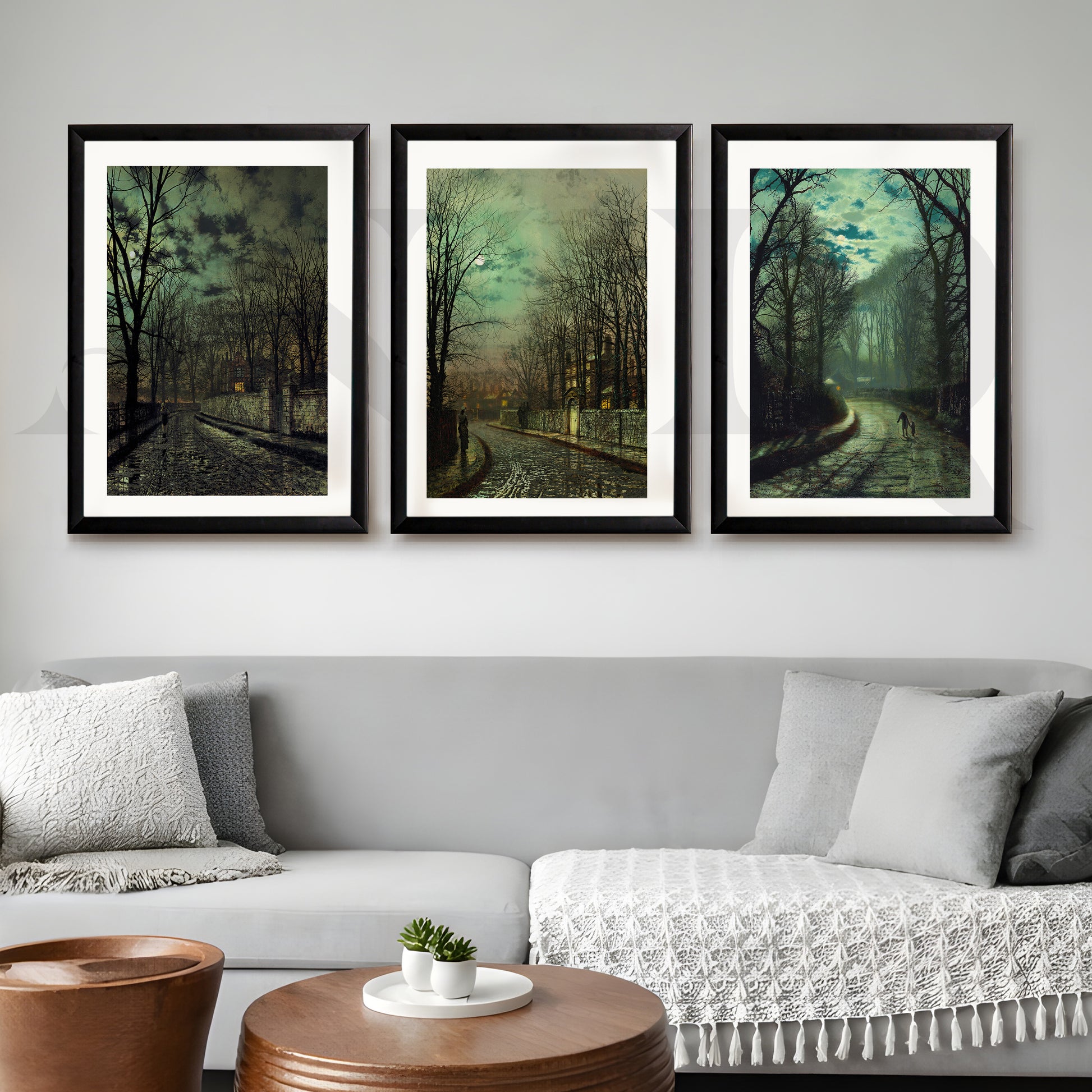 Moody Twilight Streetscape Gallery Wall – Set of 3 Atmospheric Artworks - 18 x 24 Inches for Living Room