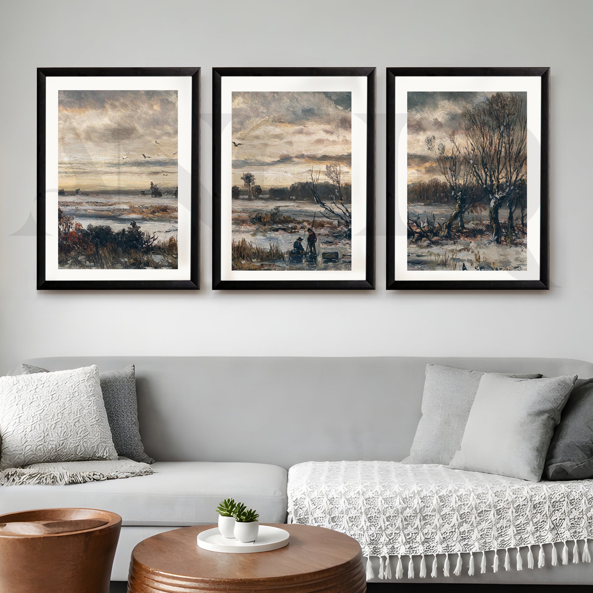 Moody Winter Countryside Gallery Wall – Set of 3 Atmospheric Landscape Artworks - 18 x 24 Inches for Living Room