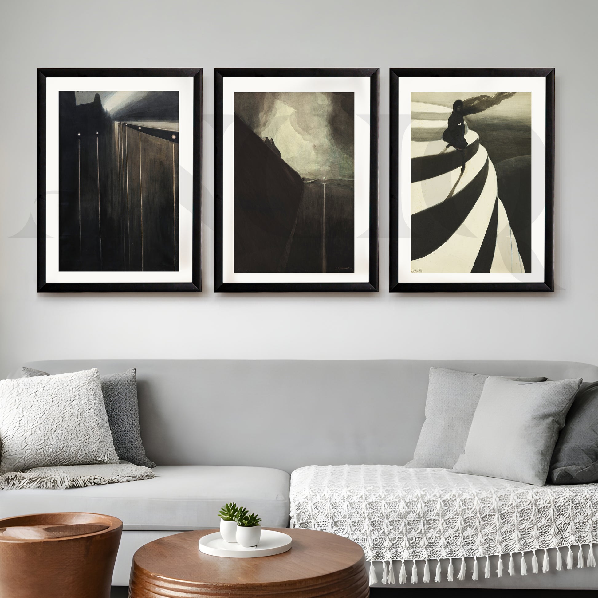 Moody Abstract Noir Gallery Wall – Set of 3 Contemporary Artworks - 18 x 24 Inches for Living Room