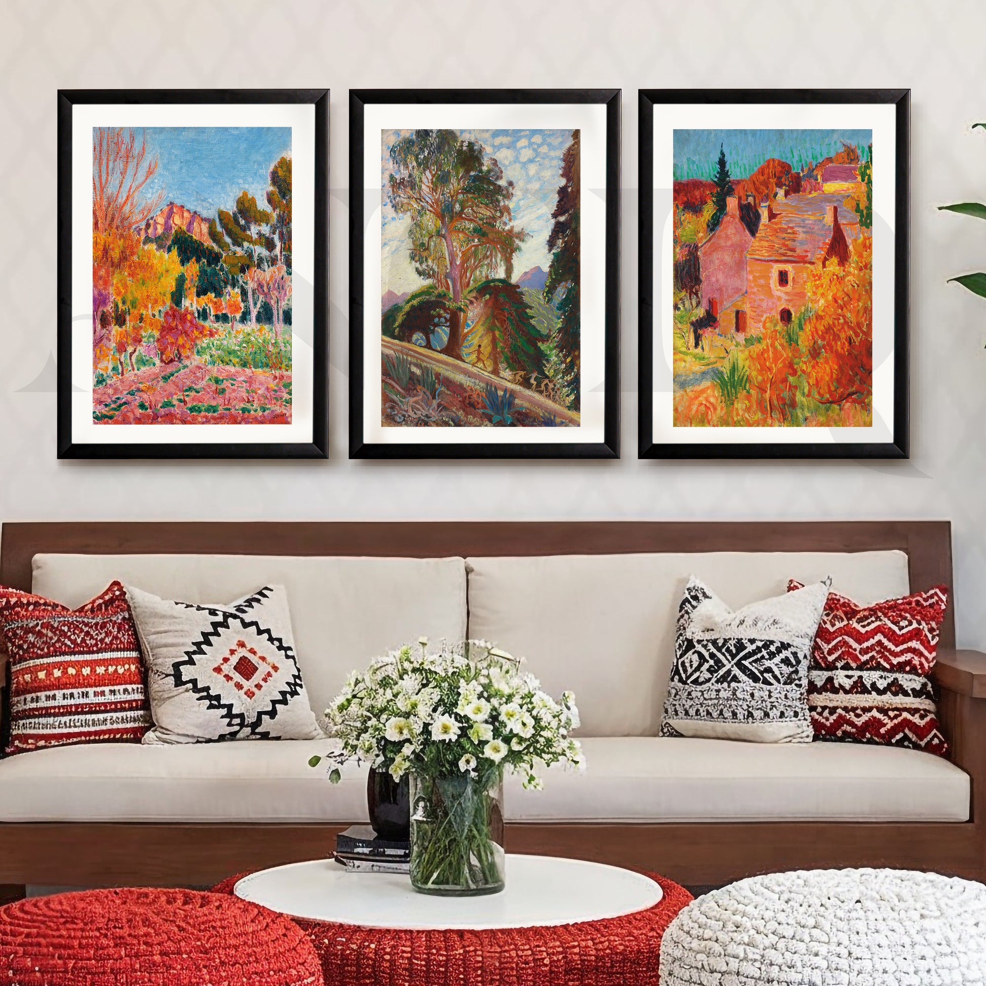 Vibrant Impressionist Countryside Gallery Wall – Set of 3 Vibrant Artworks - 18 x 24 Inches for Living Room