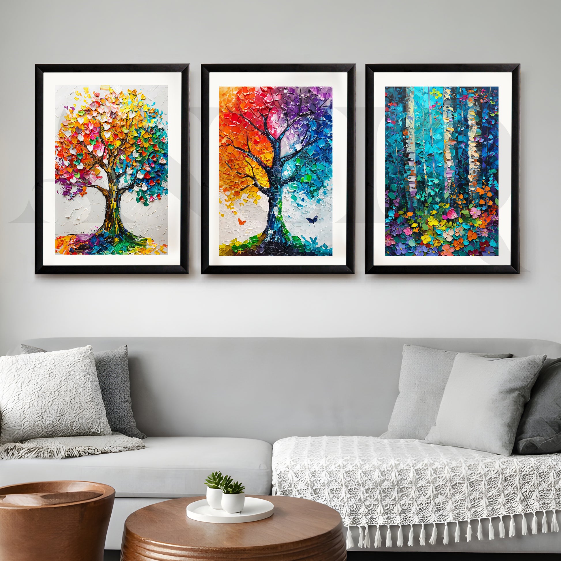 Vibrant Nature Mosaic Gallery Wall – Set of 3 Colorful Tree Artworks - 18 x 24 Inches for Living Room