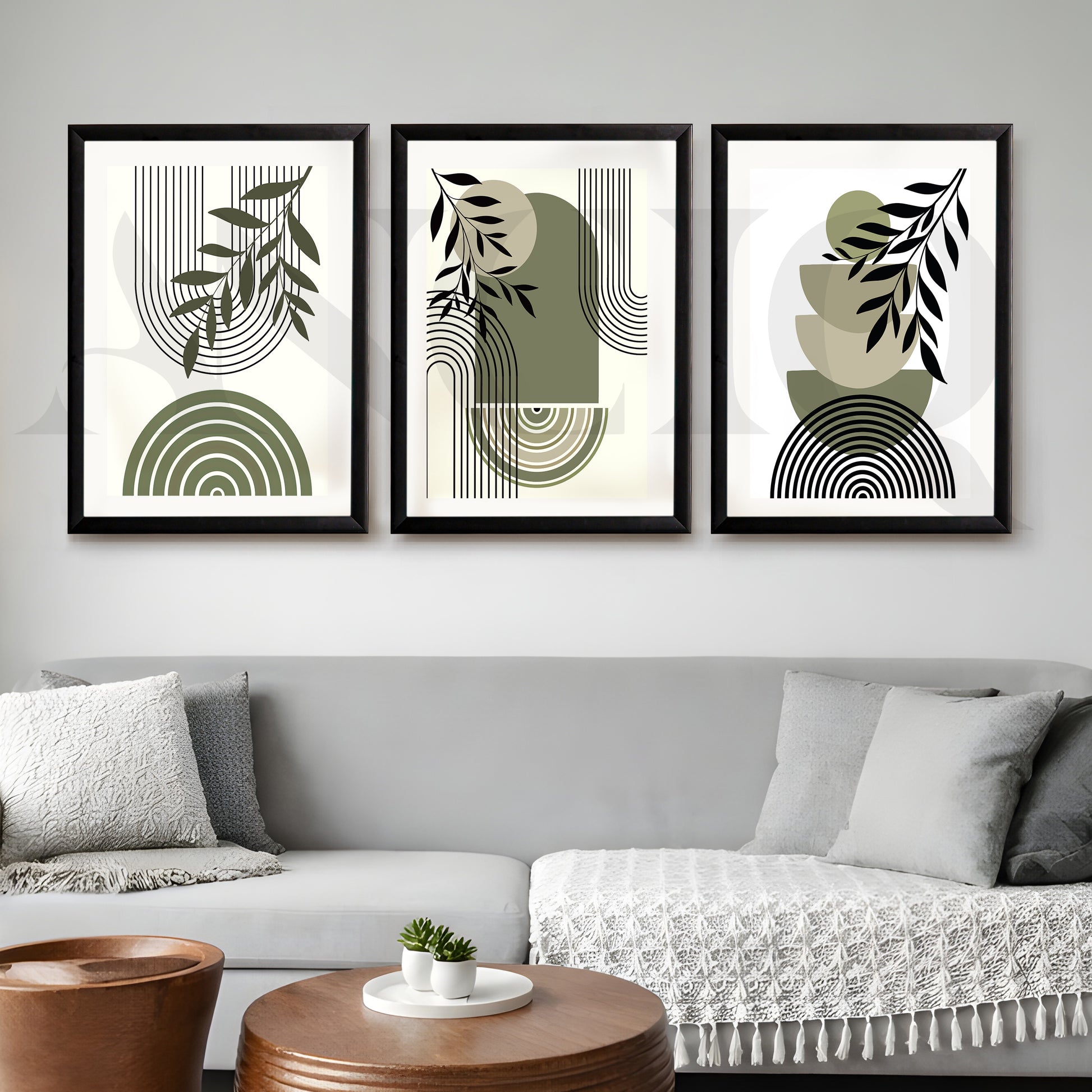 Minimal Botanical Geometry Gallery Wall – Set of 3 Modern Abstract Artworks - 18 x 24 Inches for Living Room