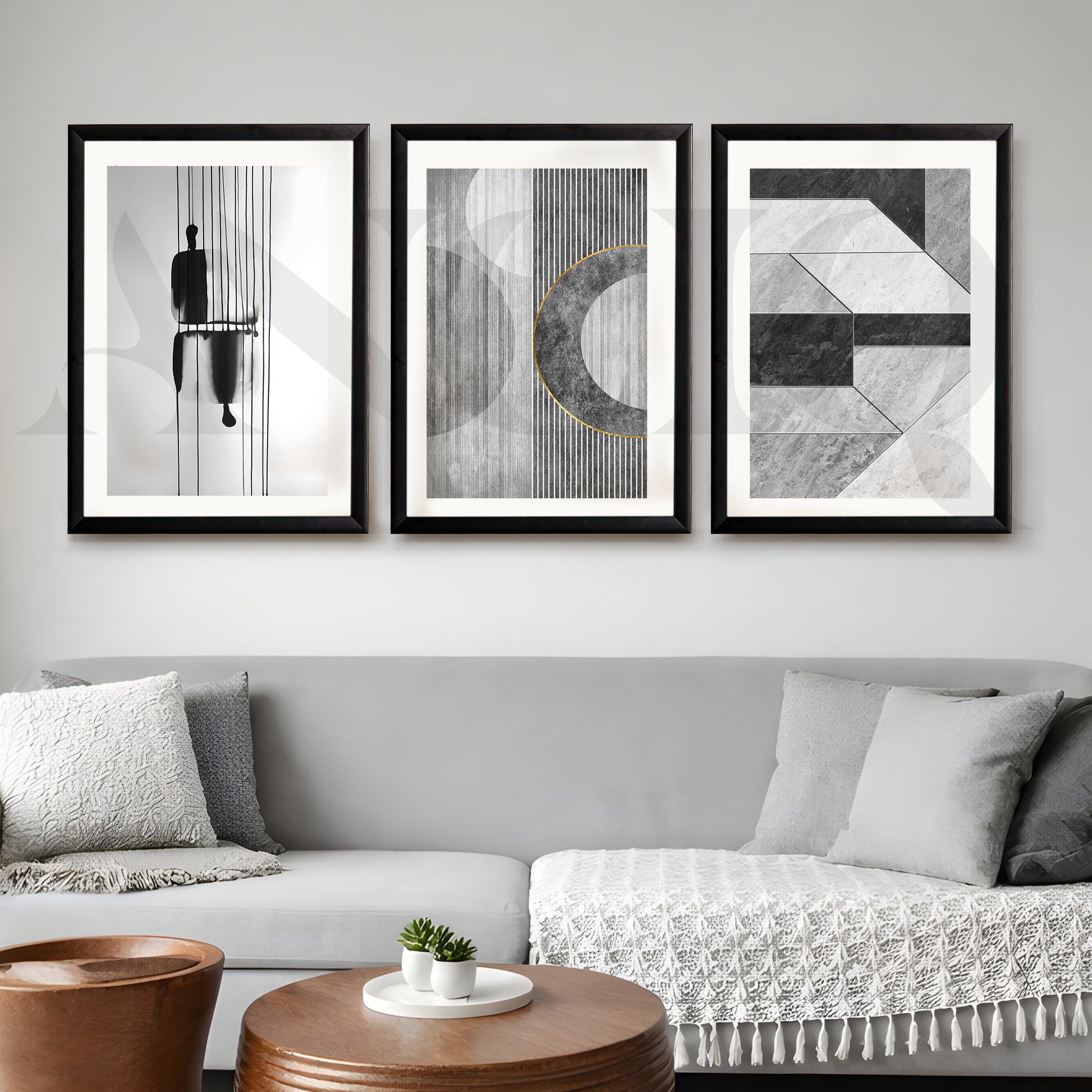 Monochrome Modern Geometry Gallery Wall – Set of 3 Minimal Abstract Artworks - 18 x 24 Inches for Office/Study Room
