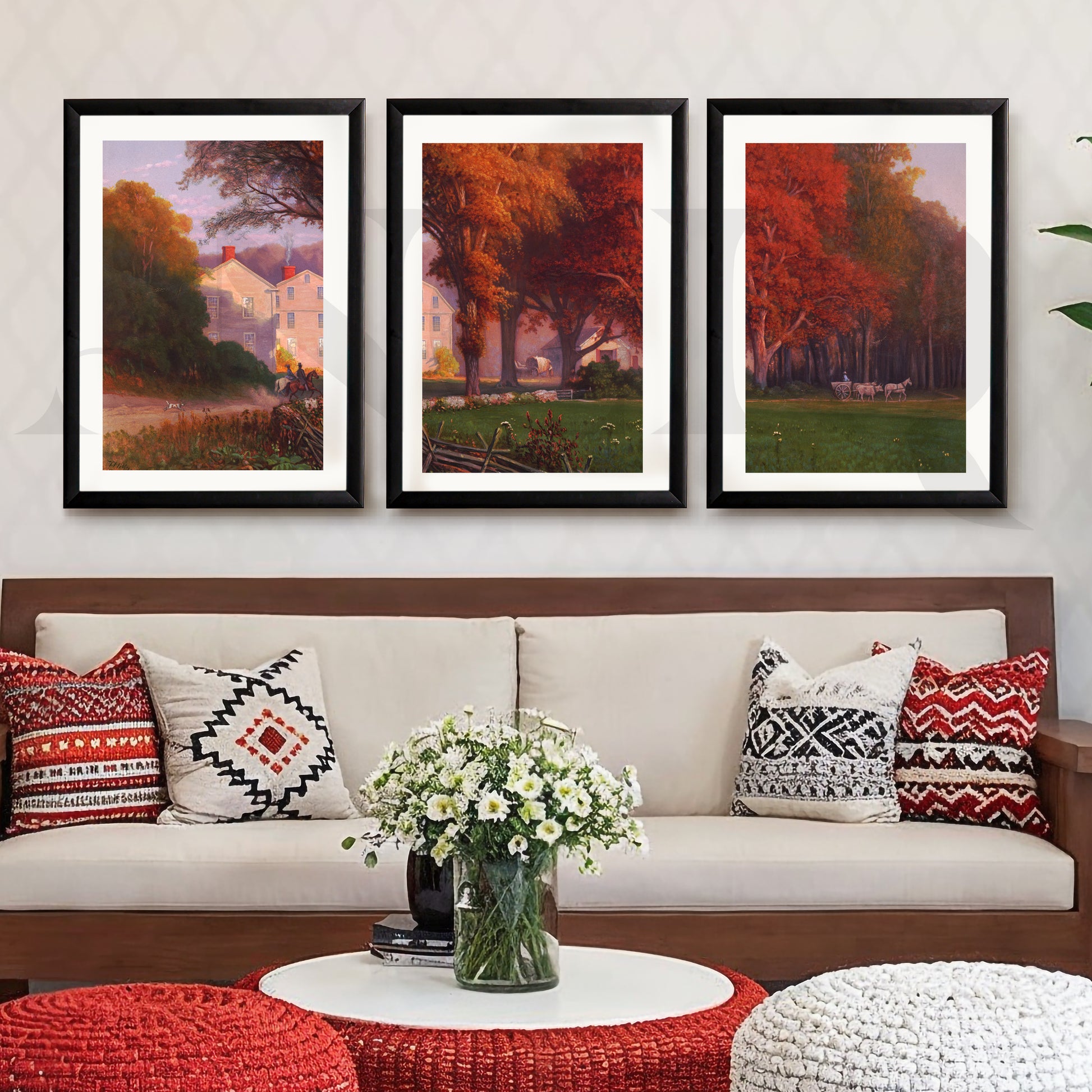 Autumn Countryside Estate Gallery Wall – Set of 3 Classic Landscape Artworks - 18 x 24 Inches for Living Room