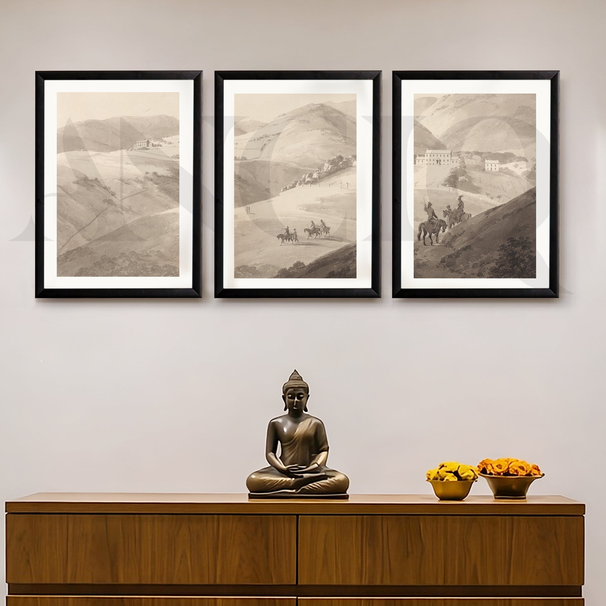 Timeless Countryside Sketch Gallery Wall – Set of 3 Monochrome Landscape Artworks - 18 x 24 Inches for Entryway/Hallway