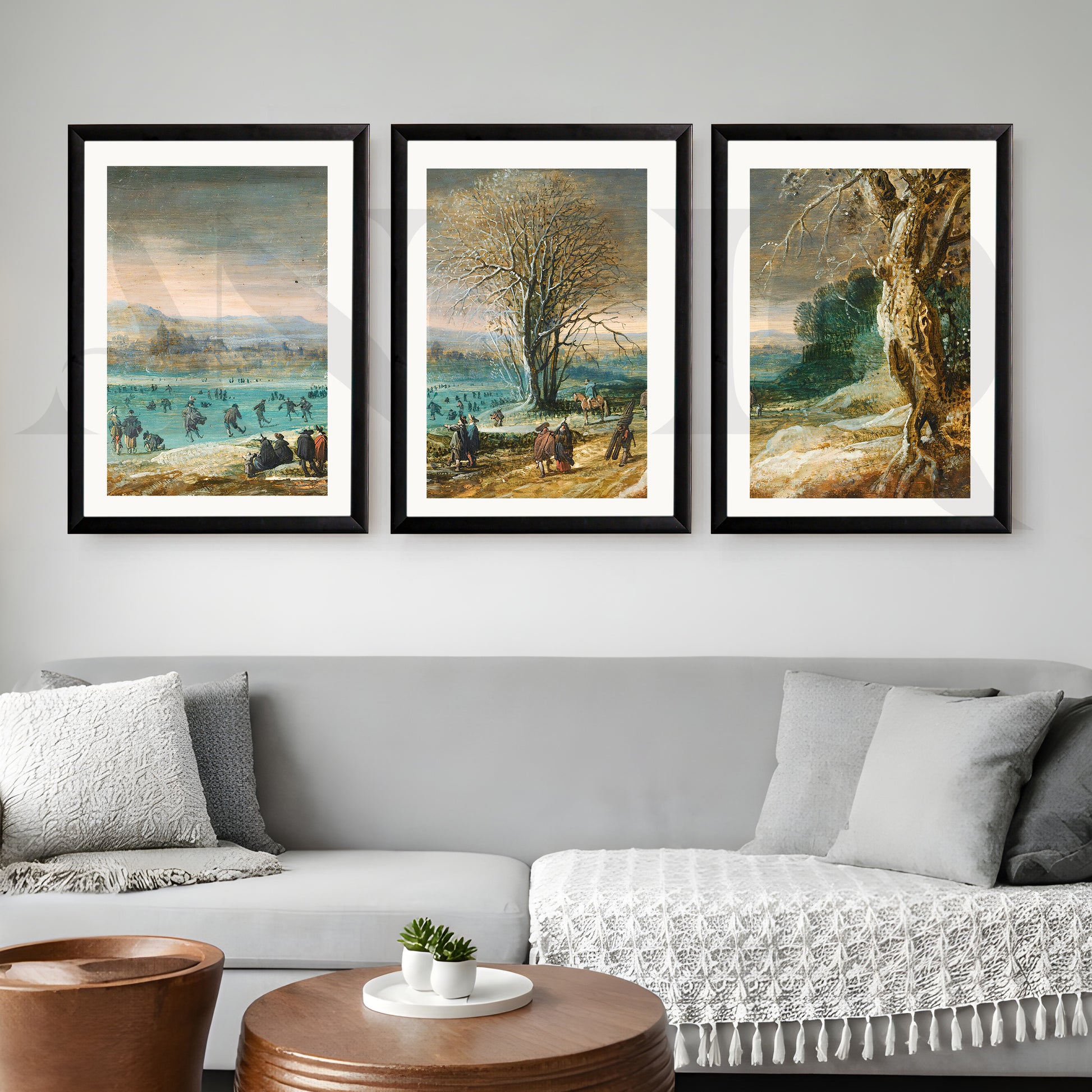 Winter Lakeside Life Gallery Wall – Set of 3 Classical European Landscape Artworks - 18 x 24 Inches for Living Room