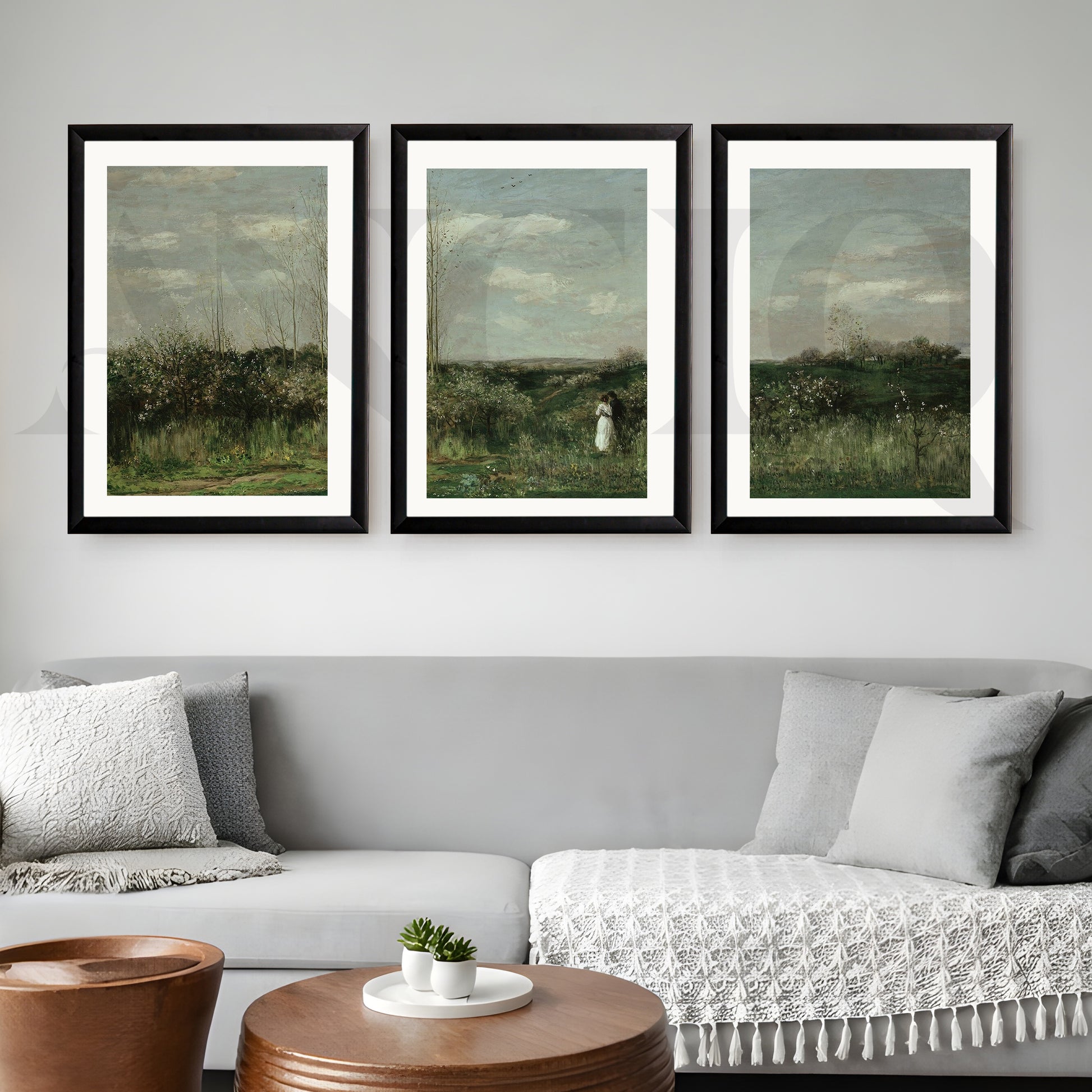 Serene Countryside Meadow Gallery Wall – Set of 3 Classic Landscape Artworks - 18 x 24 Inches for Living Room