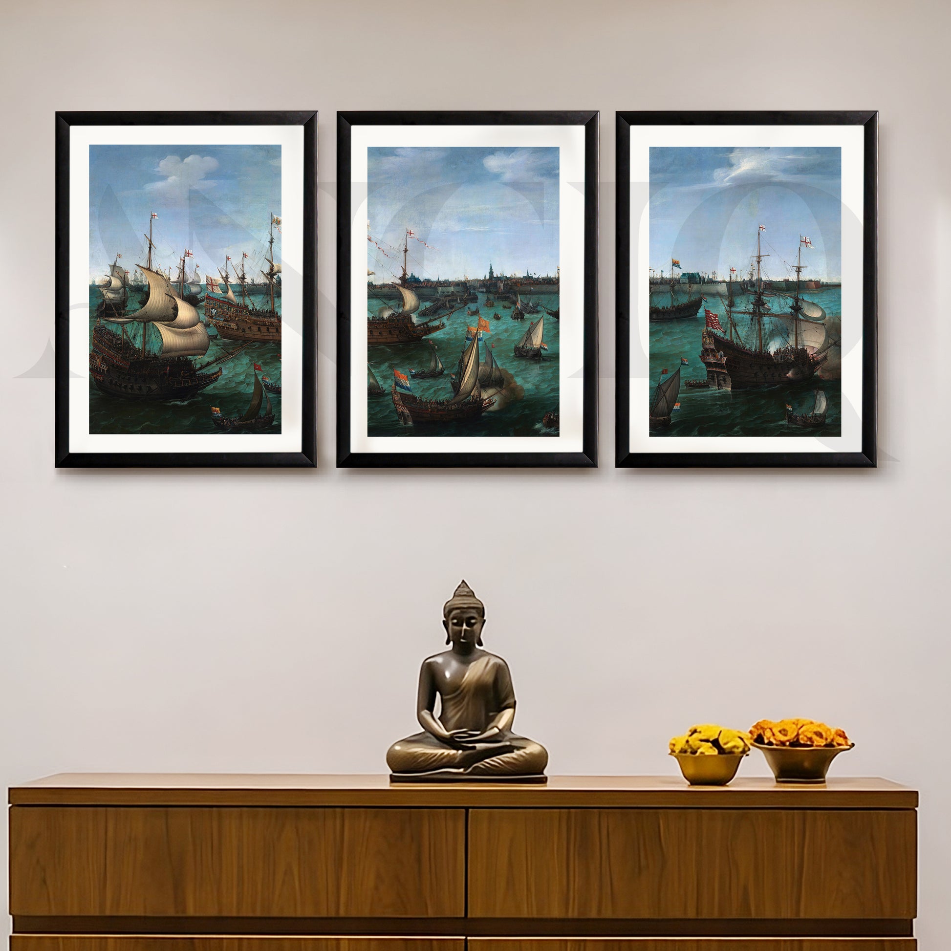 Historic Naval Fleet Gallery Wall – Set of 3 Classic Maritime Artworks - 18 x 24 Inches for Entryway/Hallway