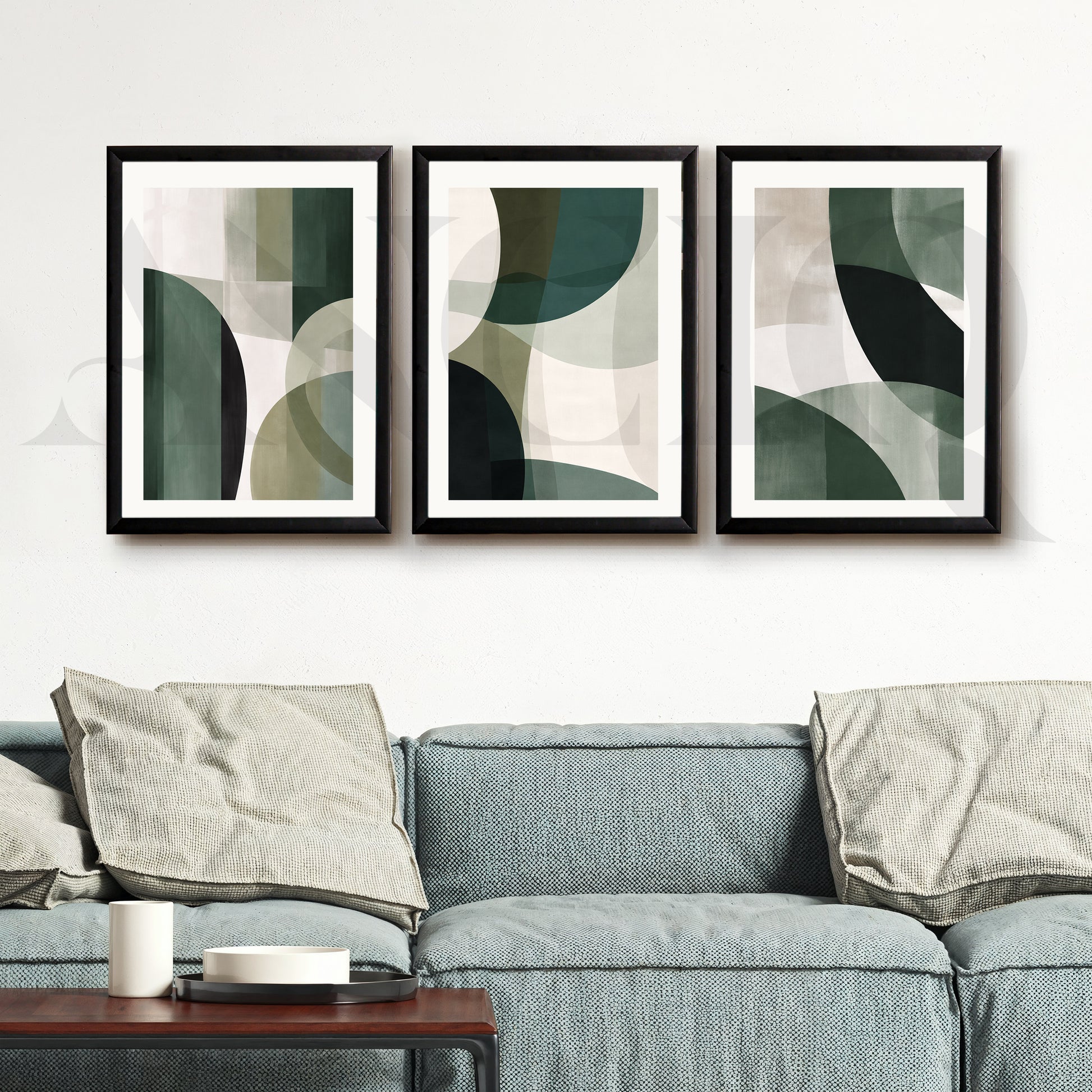 Deep Green Geometric Flow Gallery Wall – Set of 3 Abstract Artworks - 18 x 24 Inches for Living Room