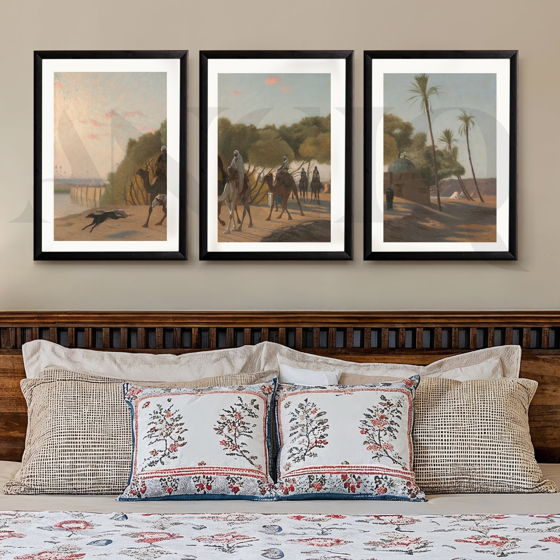 Desert Caravan Landscape Gallery Wall – Set of 3 Vintage Oriental Artworks - 18 x 24 Inches for Stylish Bedroom