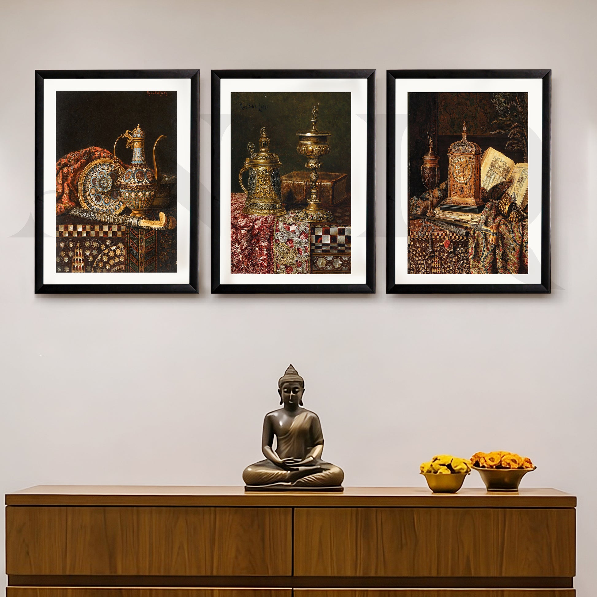 Vintage Antique Artefacts Gallery Wall – Set of 3 Classic Still Life Artworks - 18 x 24 Inches for Entryway/Hallway