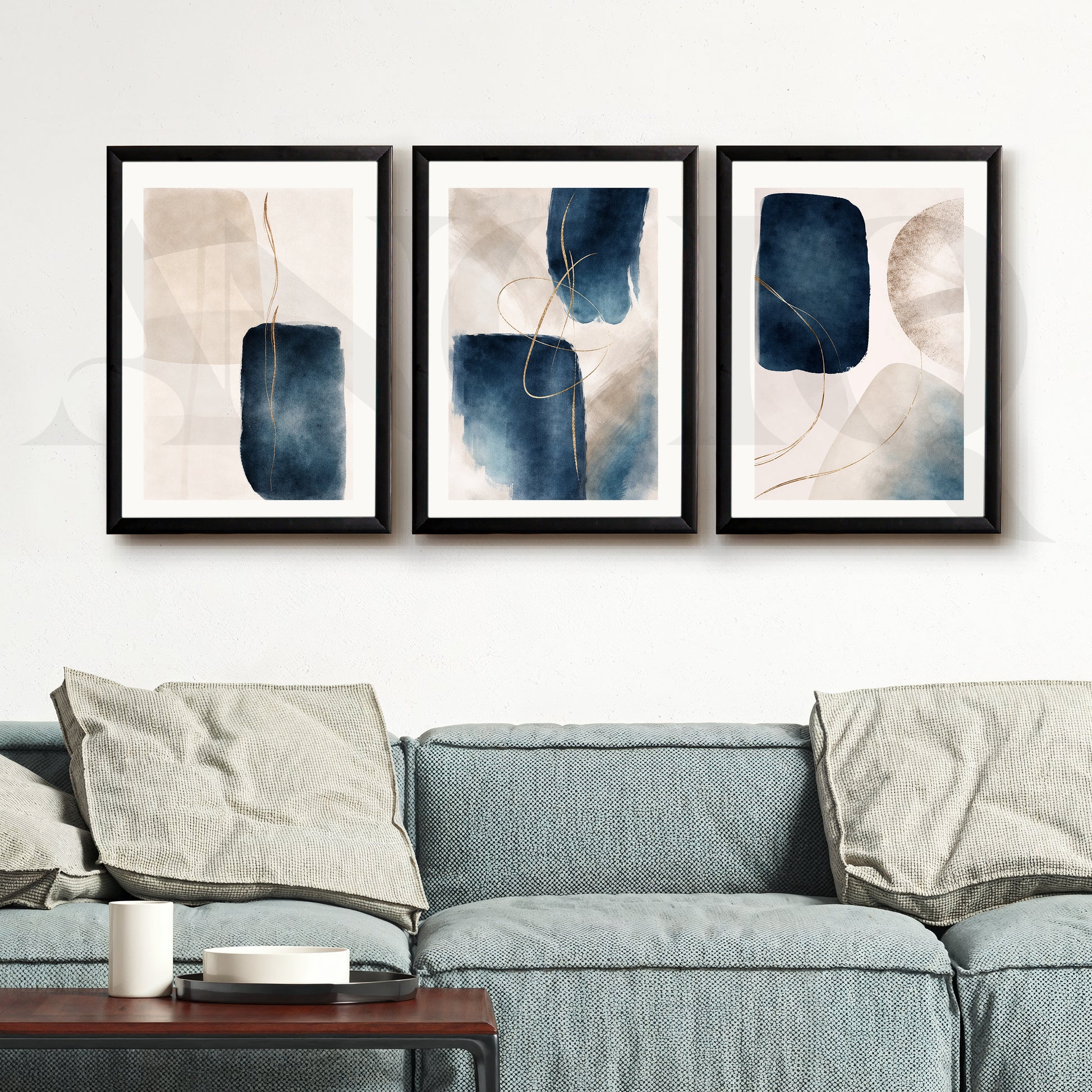 Midnight Blue Fluid Abstraction Gallery Wall – Set of 3 Contemporary Artworks - 18 x 24 Inches for Living Room