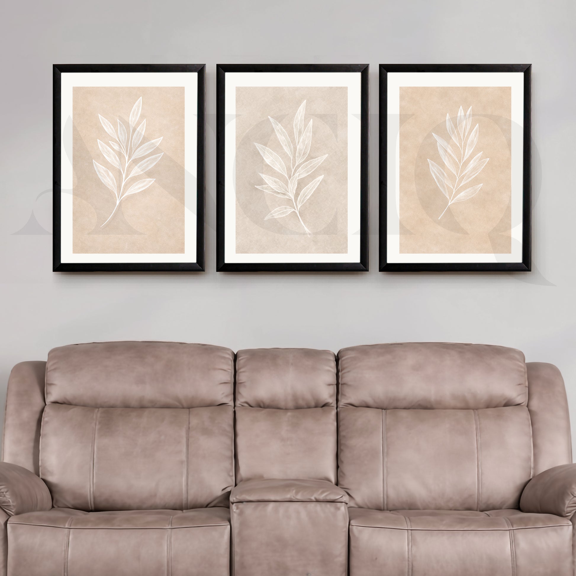 Minimal Leaf Imprint Gallery Wall – Set of 3 Botanical Artworks - 18 x 24 Inches for Living Room
