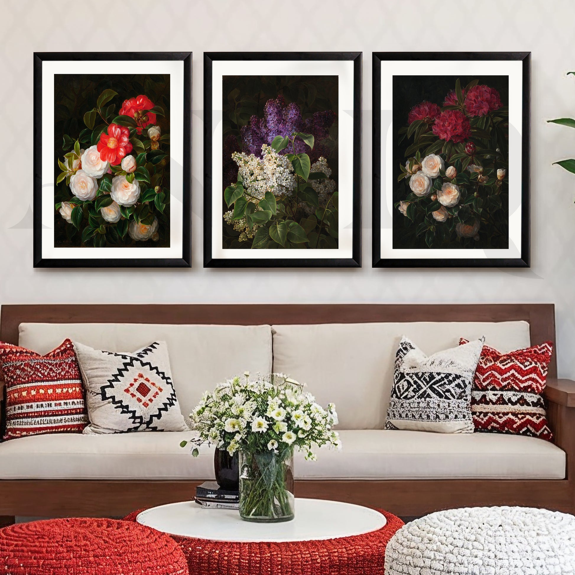 Vintage Botanical Bouquet Gallery Wall – Set of 3 Classic Floral Artworks - 18 x 24 Inches for Living Room