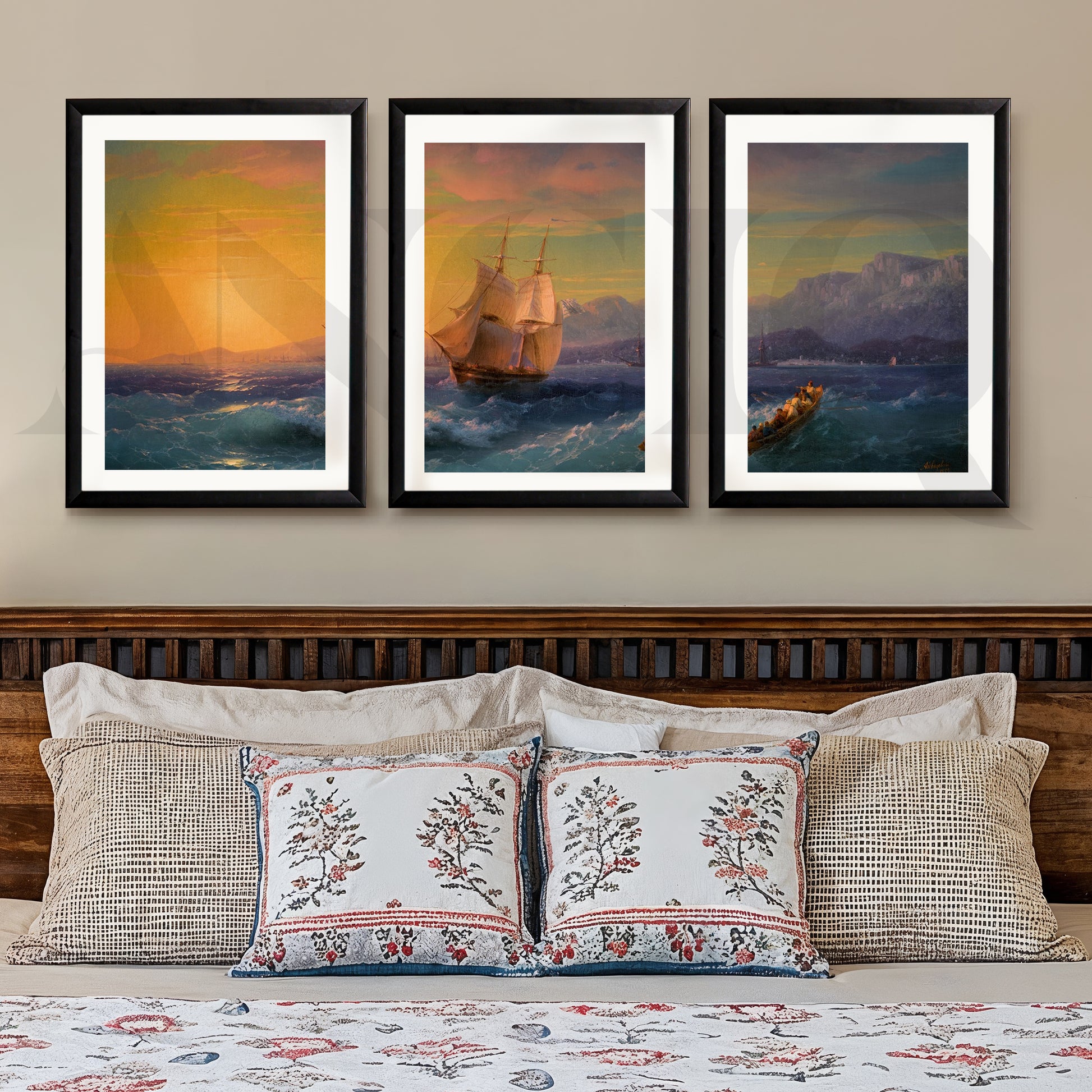 Golden Horizon Sailing Gallery Wall – Set of 3 Vintage Seascape Artworks - 18 x 24 Inches for Stylish Bedroom