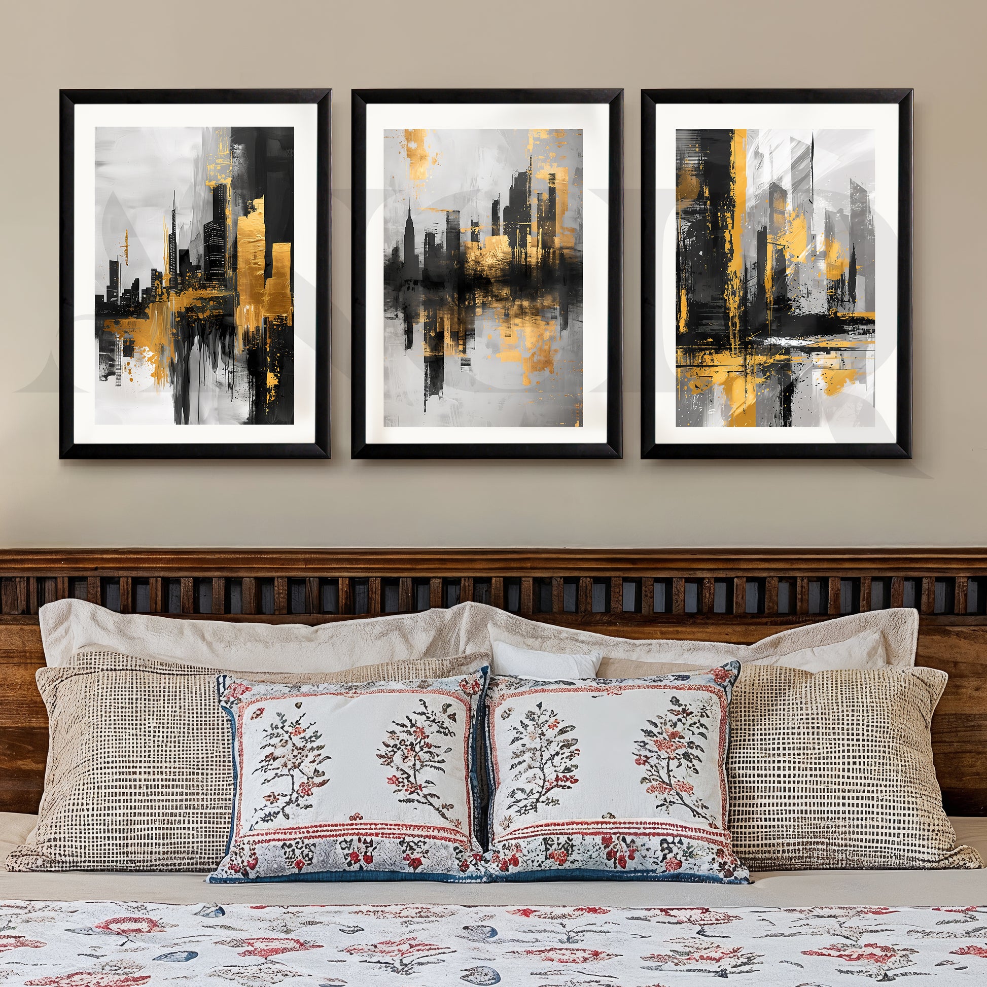 Golden Urban Skyline Gallery Wall – Set of 3 Modern Cityscape Artworks - 18 x 24 Inches for Stylish Bedroom