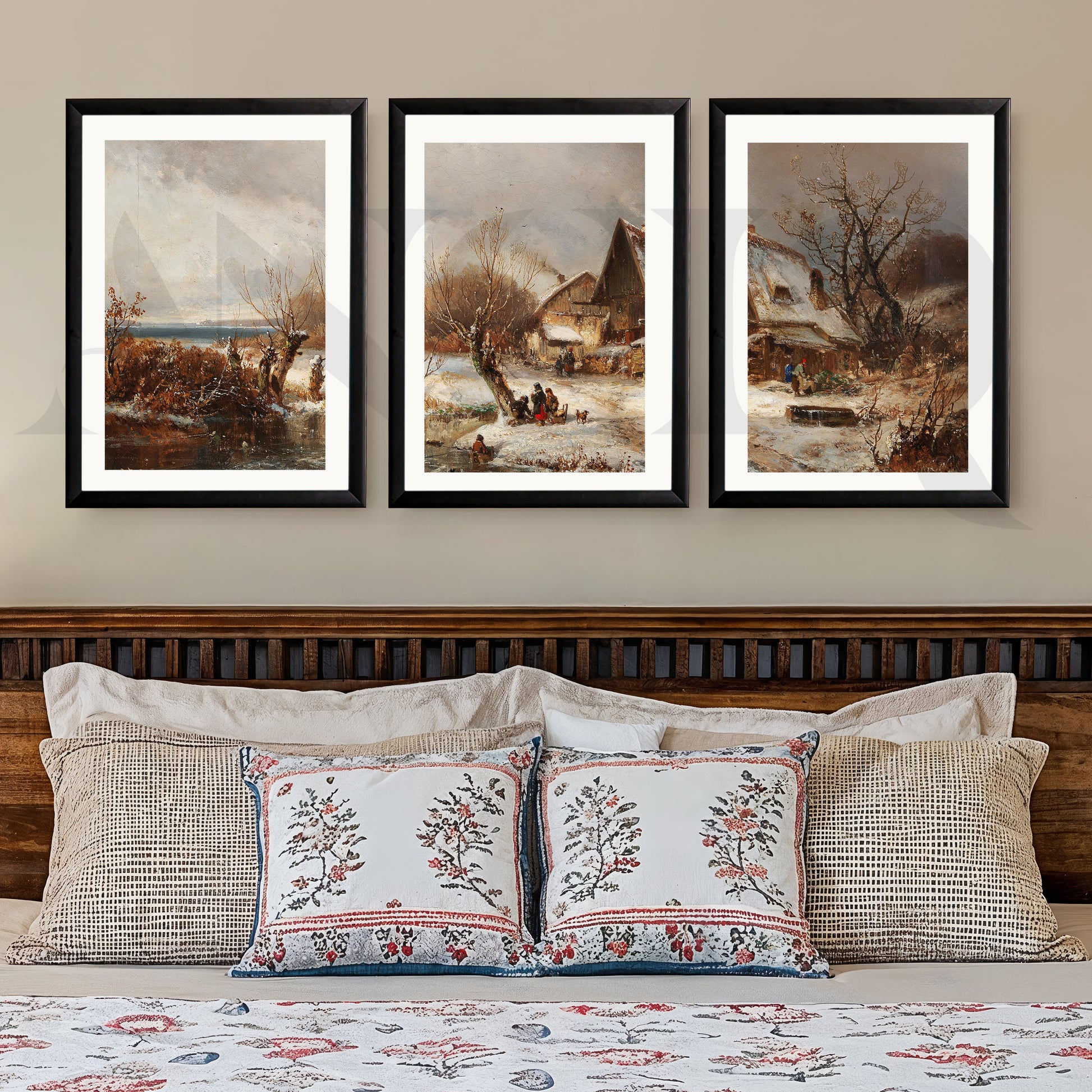 Winter Village Countryside Gallery Wall – Set of 3 Vintage Landscape Artworks - 18 x 24 Inches for Stylish Bedroom