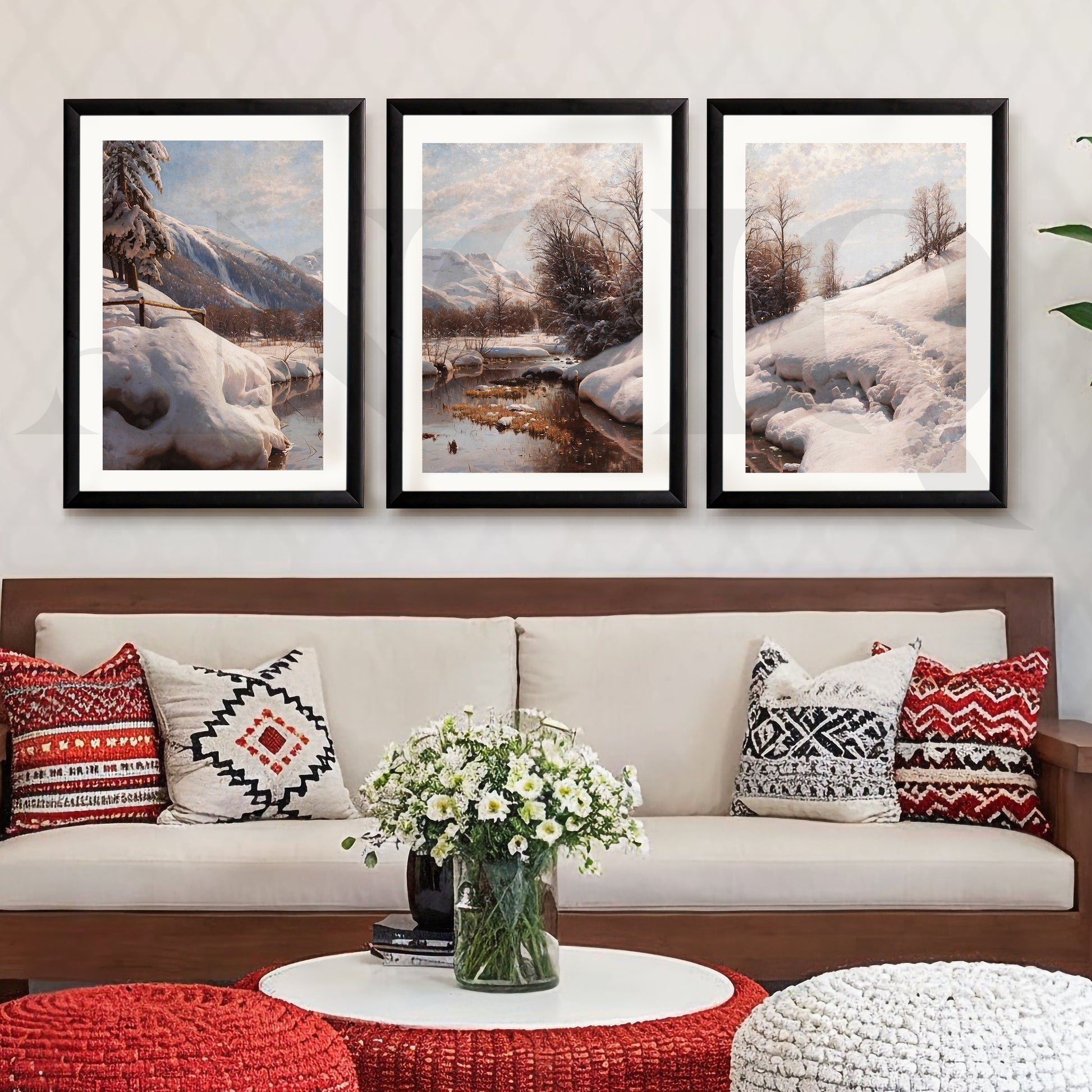 Snowy Alpine River Landscape Gallery Wall – Set of 3 Winter Nature Artworks - 18 x 24 Inches for Living Room