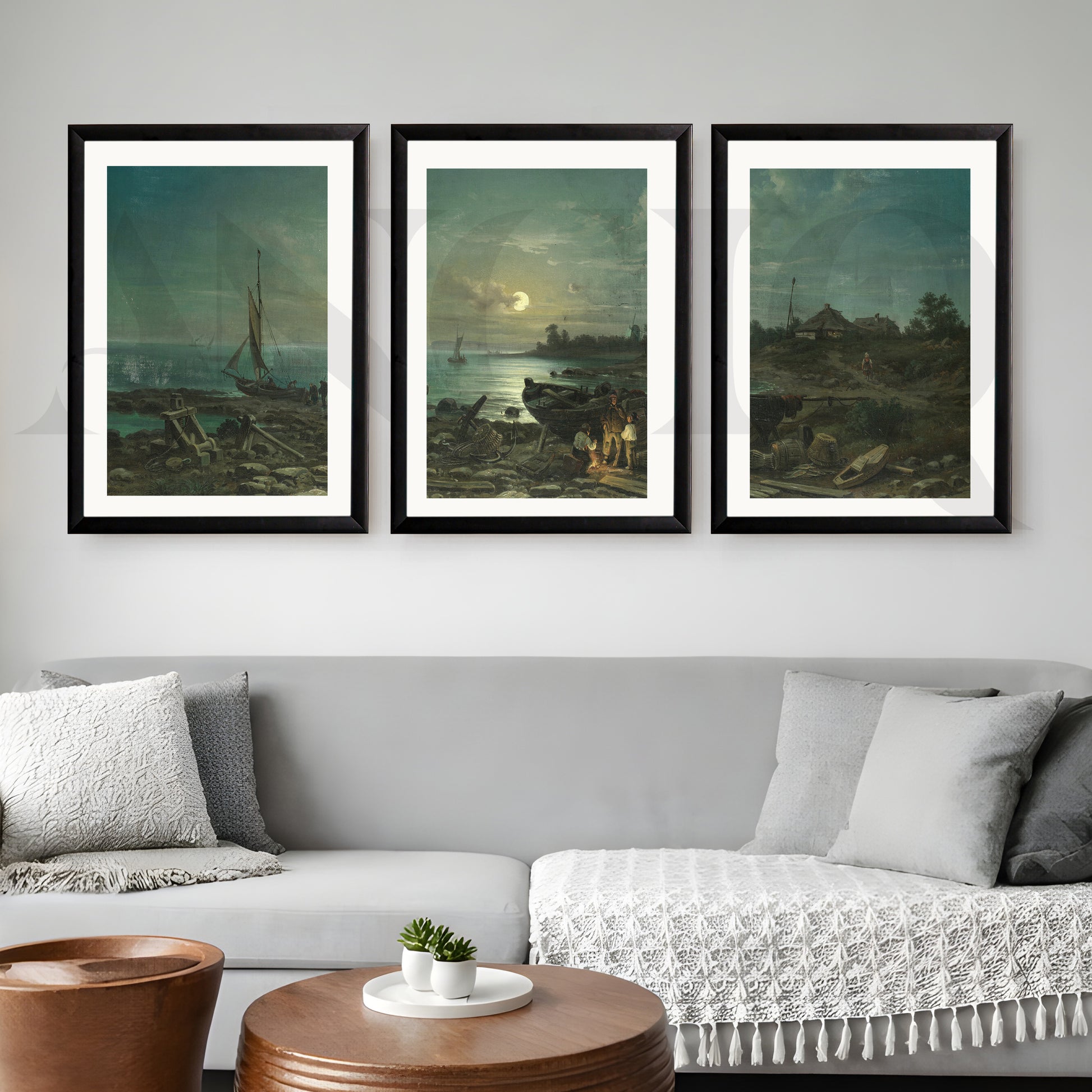 Moonlit Coastal Harbor Gallery Wall – Set of 3 Vintage Maritime Artworks - 18 x 24 Inches for Living Room
