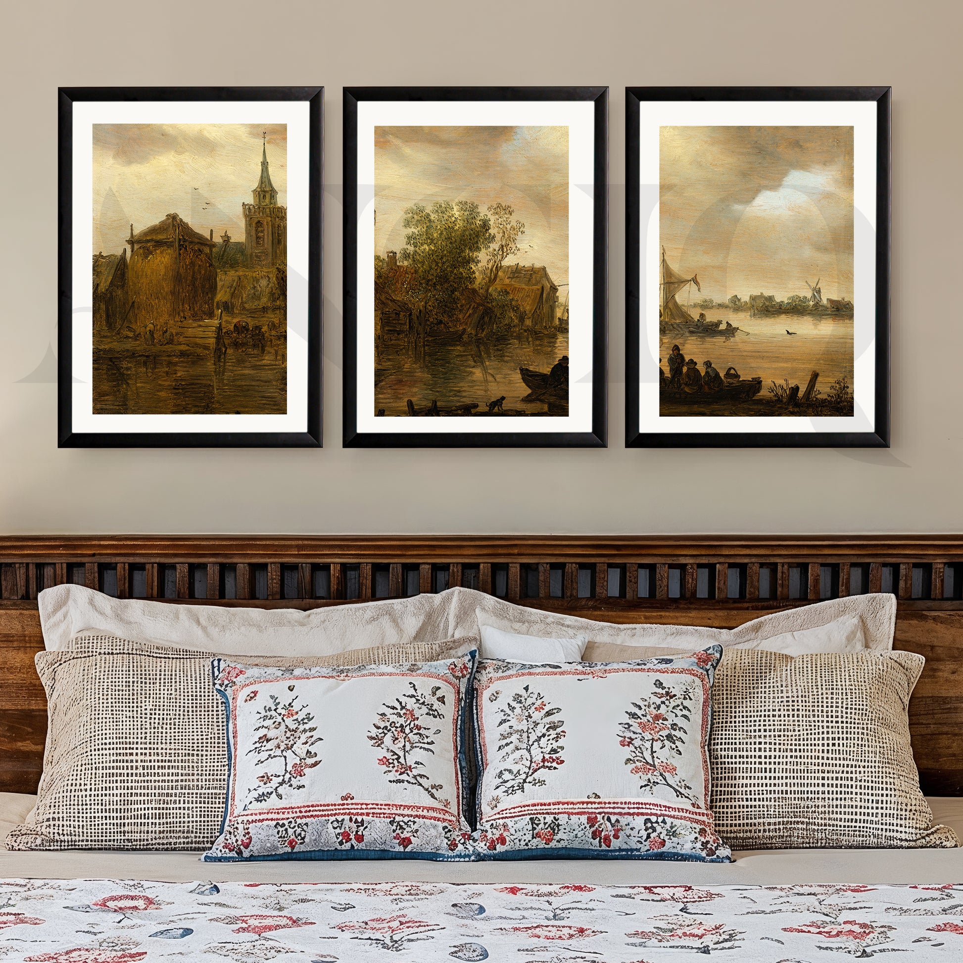 Vintage Riverside Village Gallery Wall – Set of 3 Classic Landscape Artworks - 18 x 24 Inches for Stylish Bedroom