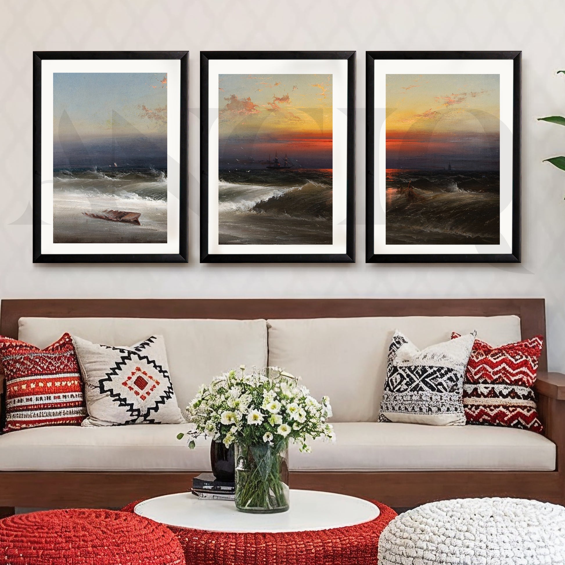 Dramatic Ocean Sunset Gallery Wall – Set of 3 Seascape Artworks - 18 x 24 Inches for Living Room