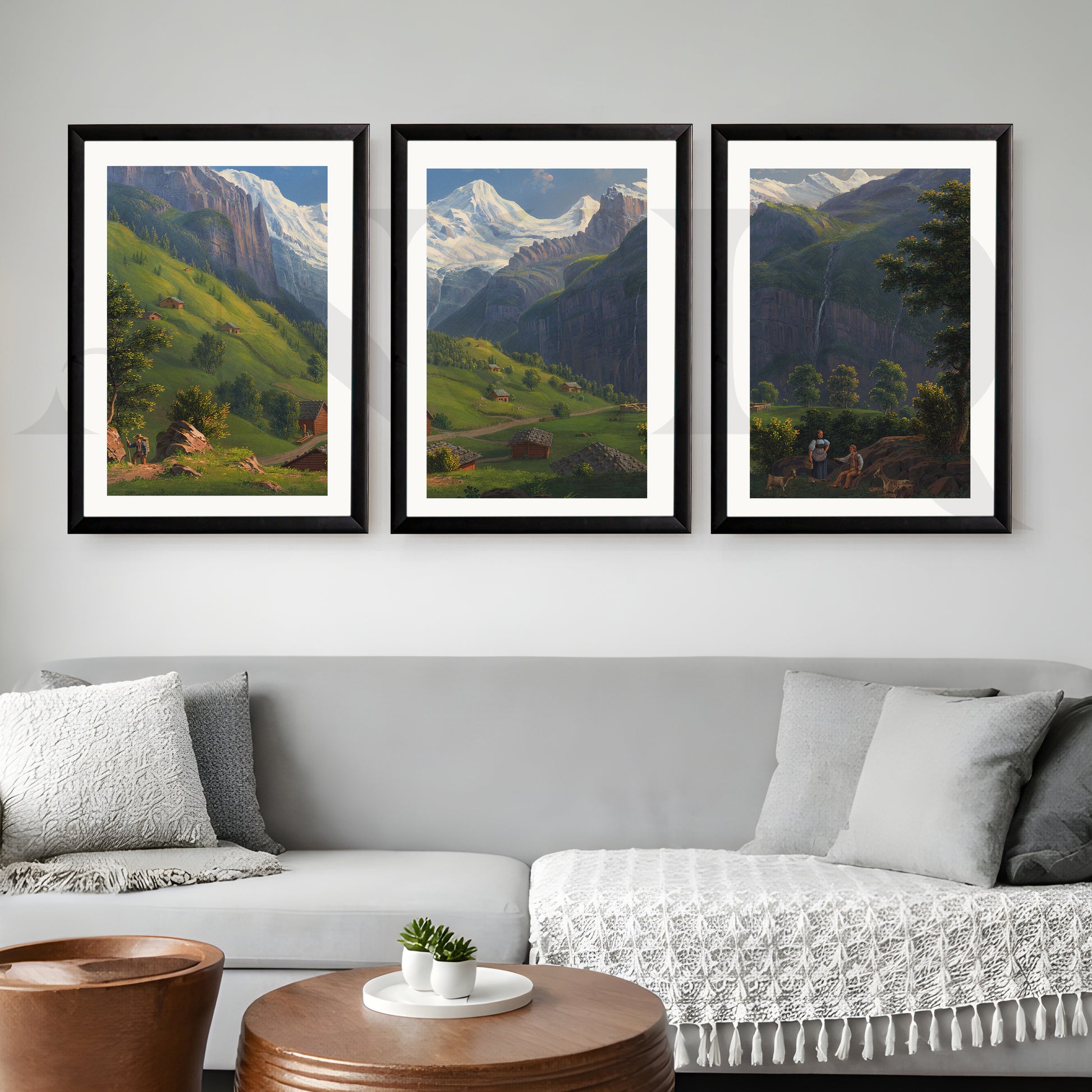 Alpine Valley Landscape Gallery Wall – Set of 3 Classic Mountain Artworks - 18 x 24 Inches for Living Room