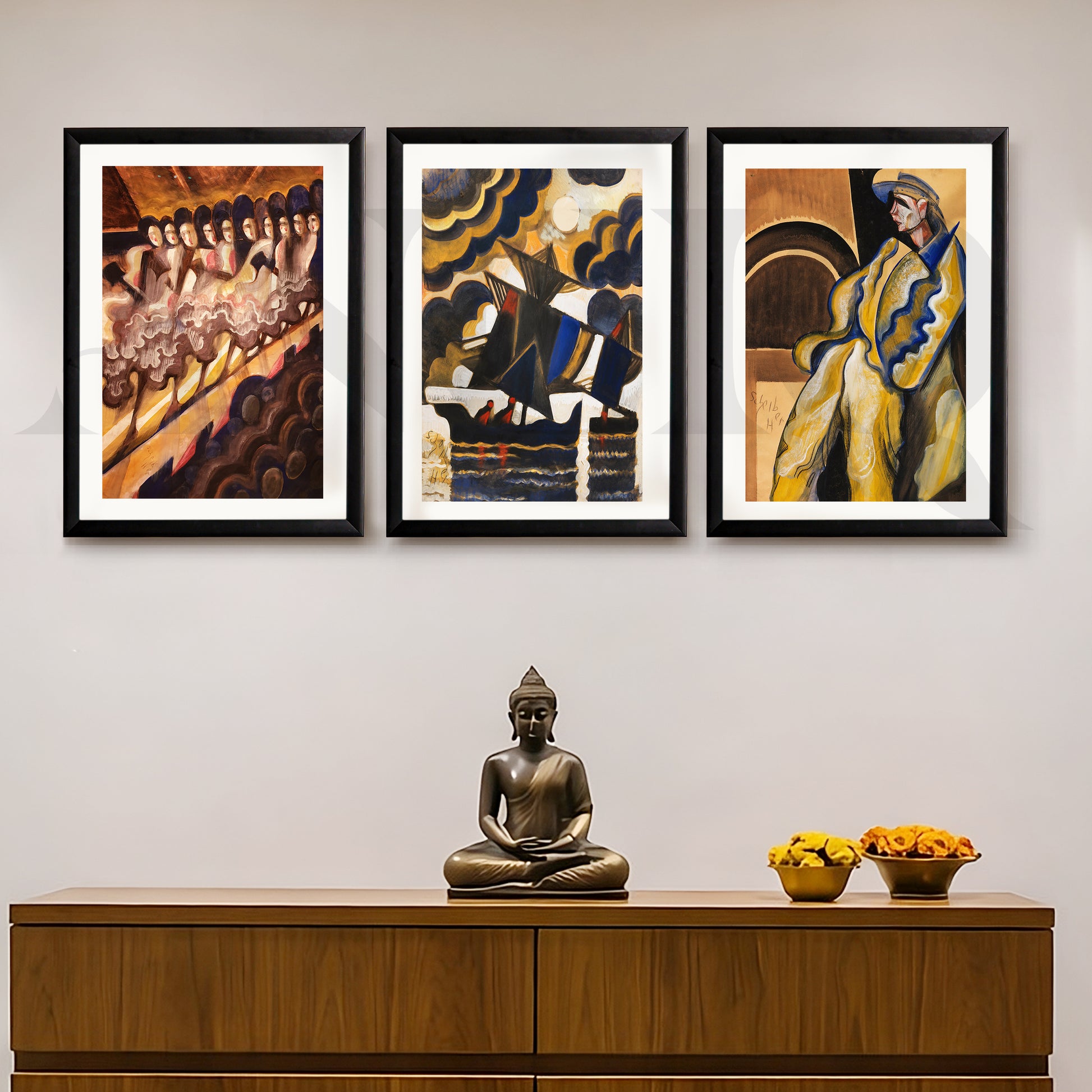 Vintage Avant-Garde Narrative Gallery Wall – Set of 3 Expressionist Artworks - 18 x 24 Inches for Entryway/Hallway