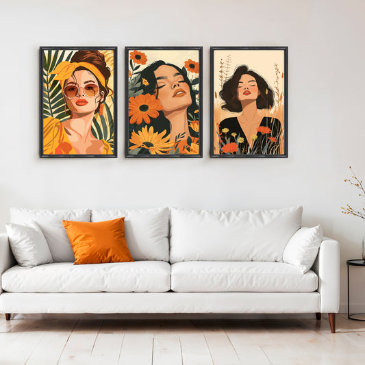 Golden Bloom Gallery Wall – Set of 3 Artworks