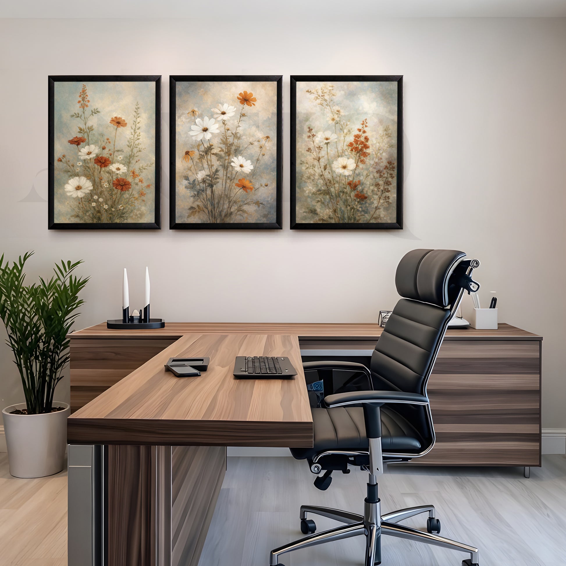Vintage Wildflower Meadow Gallery Wall – Set of 3 Floral Artworks - 18 x 24 Inches for Office/Study Room