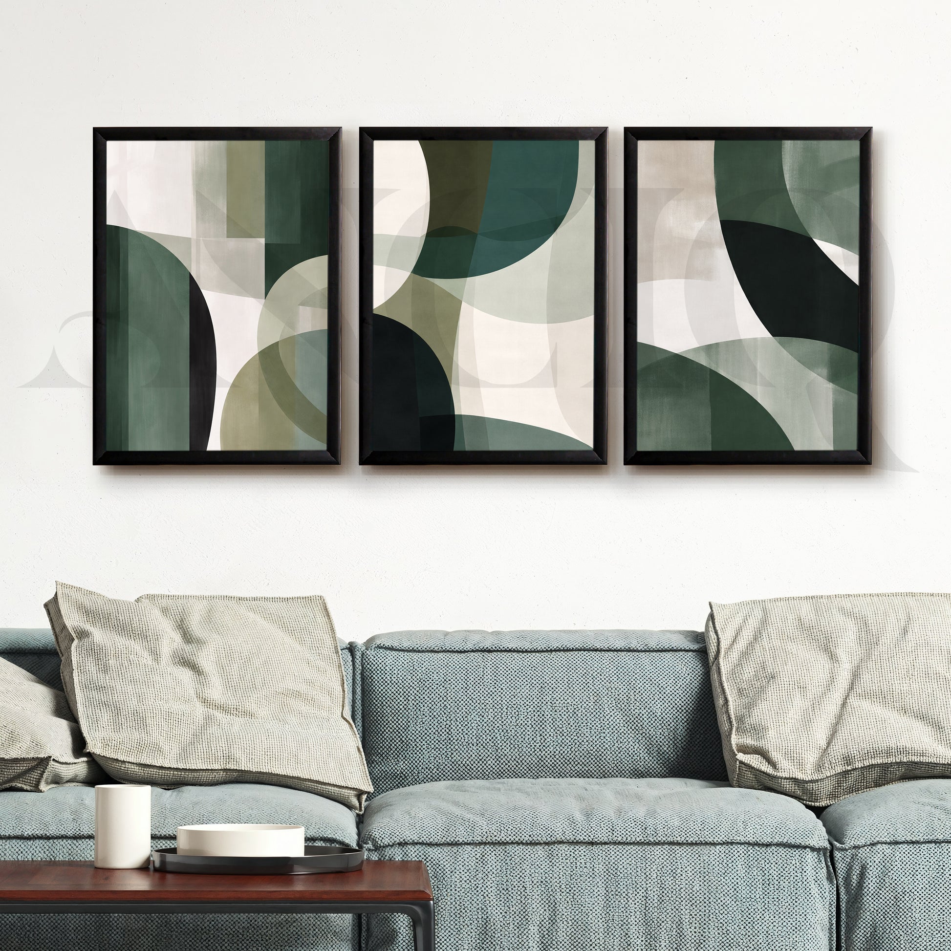 Deep Green Geometric Flow Gallery Wall – Set of 3 Abstract Artworks - 18 x 24 Inches for Living Room
