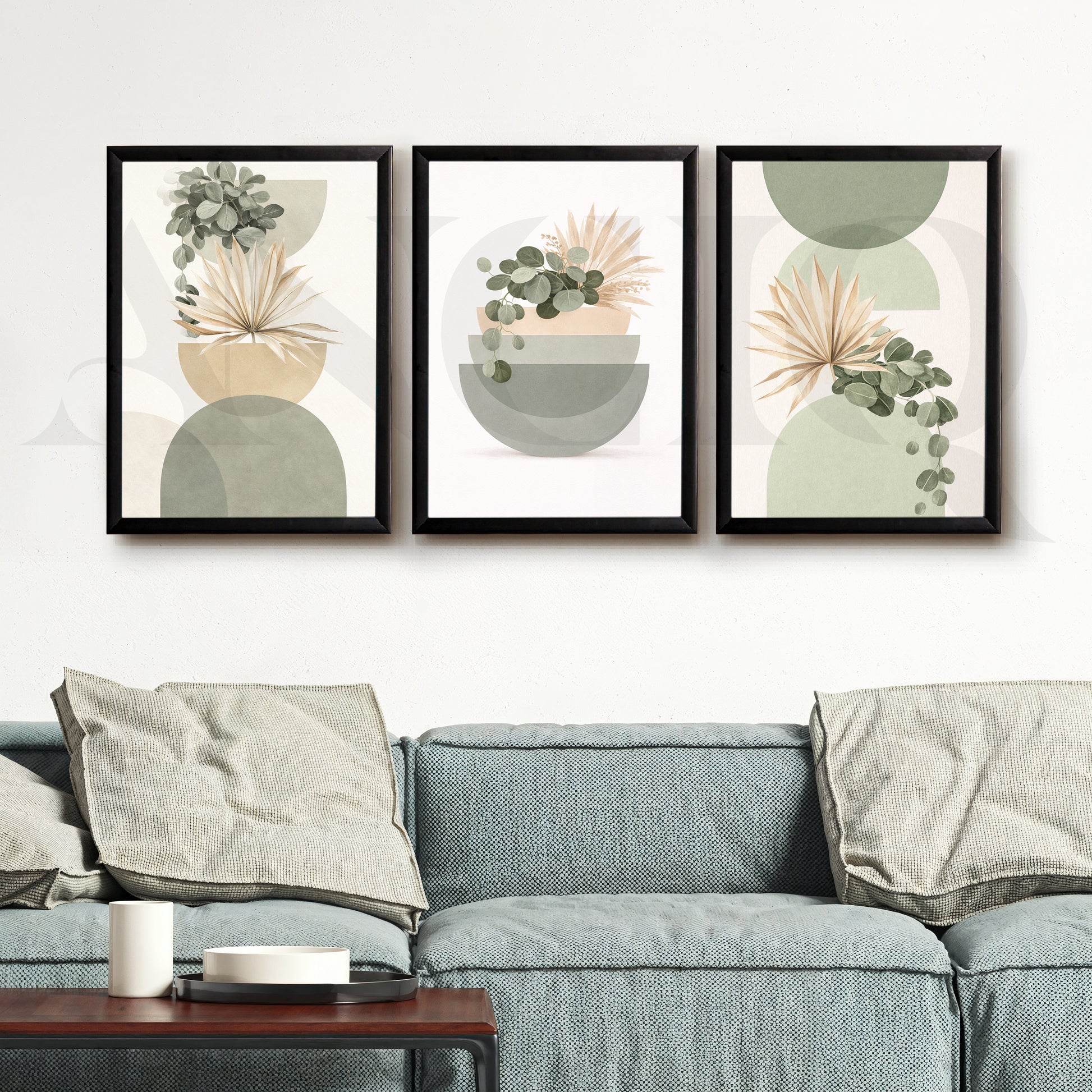 Soft Sage Botanical Balance Gallery Wall – Set of 3 Modern Nature Artworks - 18 x 24 Inches for Living Room