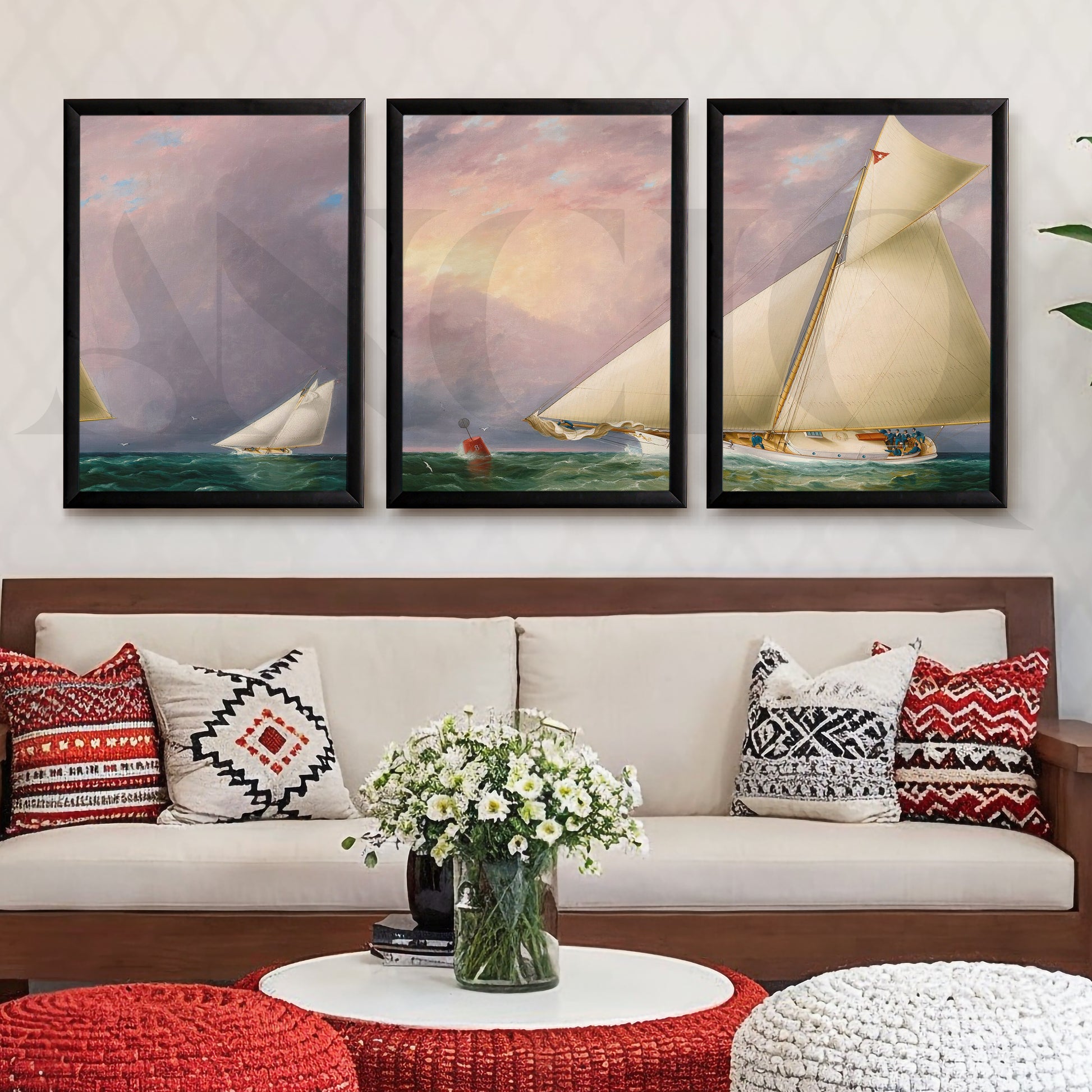Classic Sailing Regatta Gallery Wall – Set of 3 Nautical Artworks - 18 x 24 Inches for Living Room