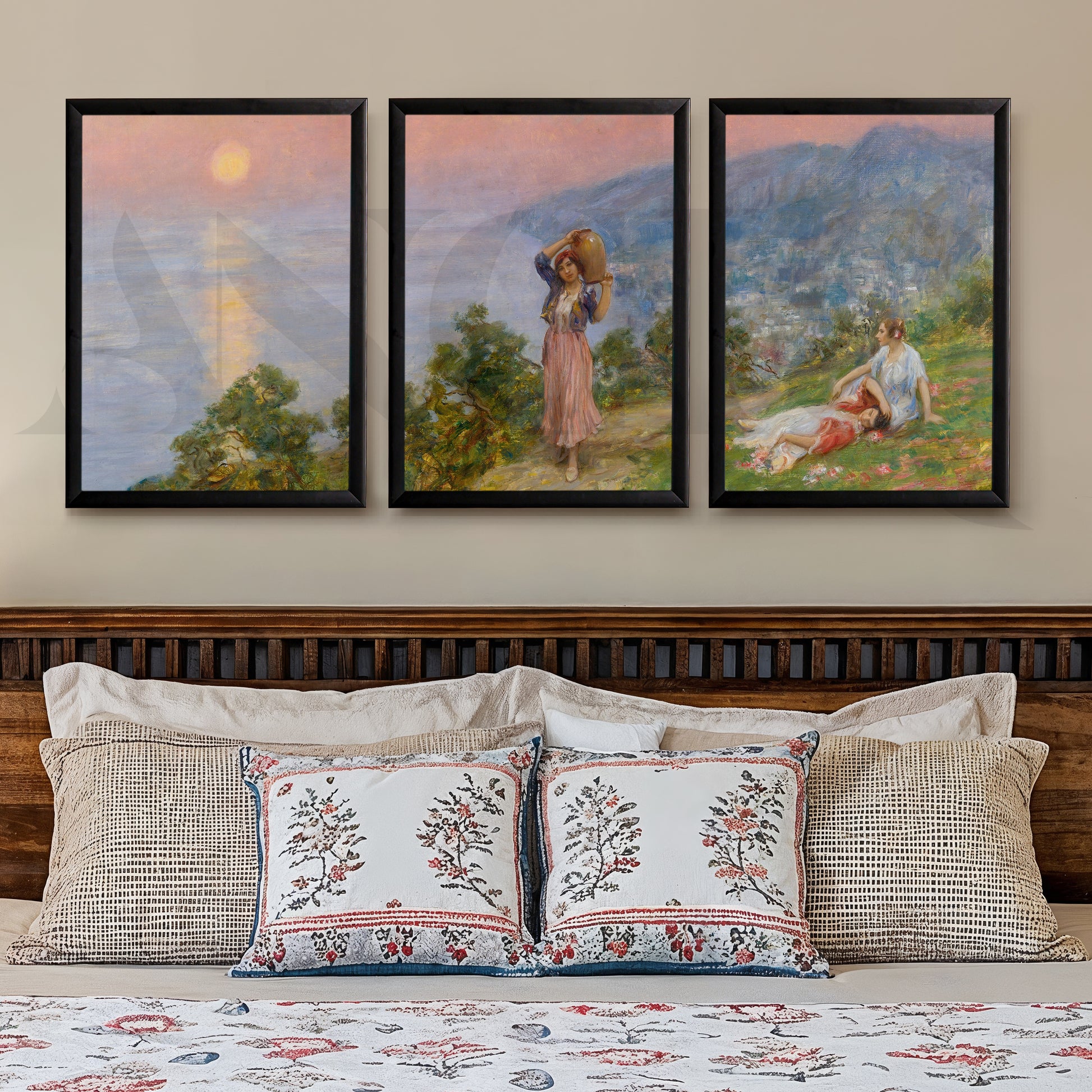 Pastoral Sunset Figures Gallery Wall – Set of 3 Impressionist Landscape Artworks - 18 x 24 Inches for Stylish Bedroom