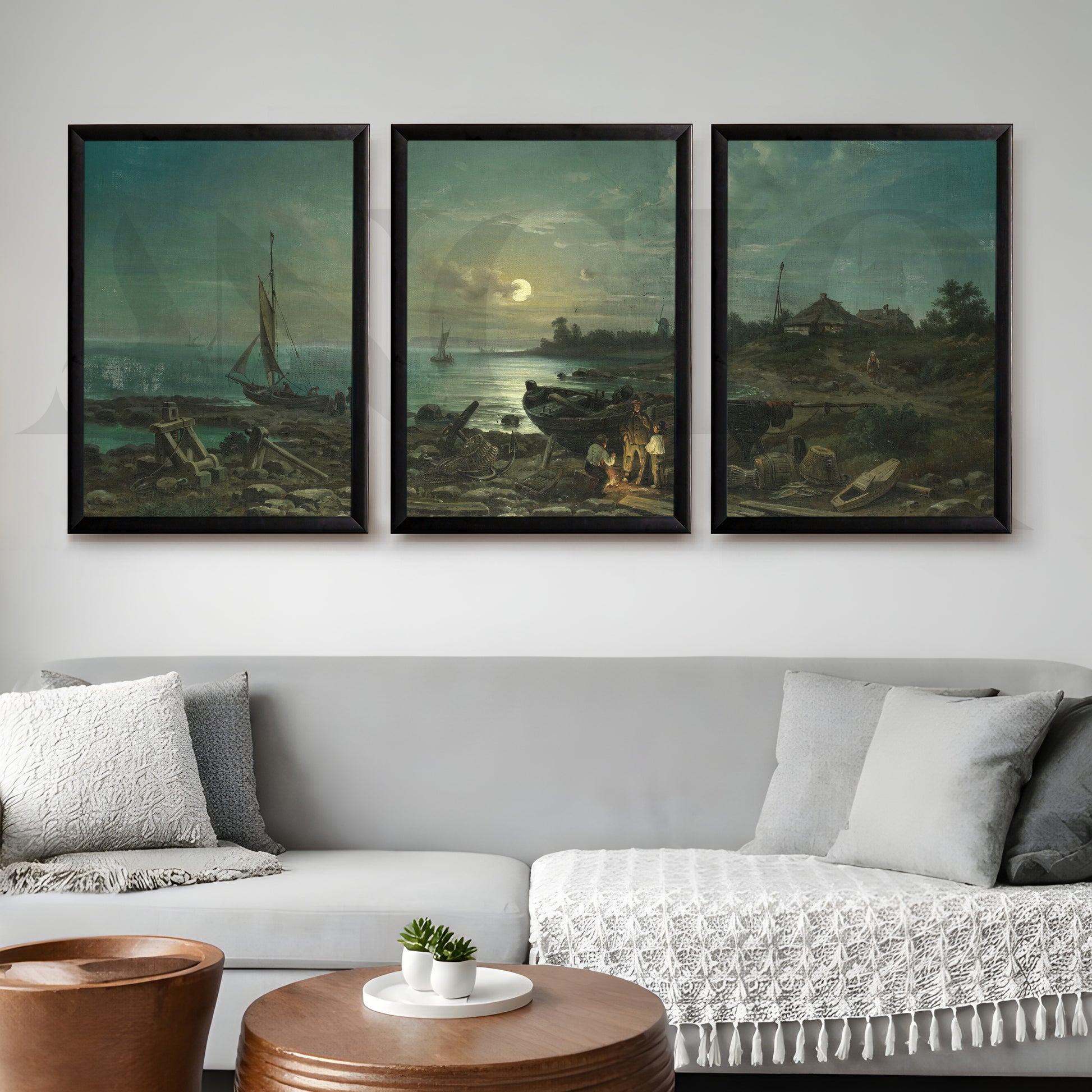Moonlit Coastal Harbor Gallery Wall – Set of 3 Vintage Maritime Artworks - 18 x 24 Inches for Living Room