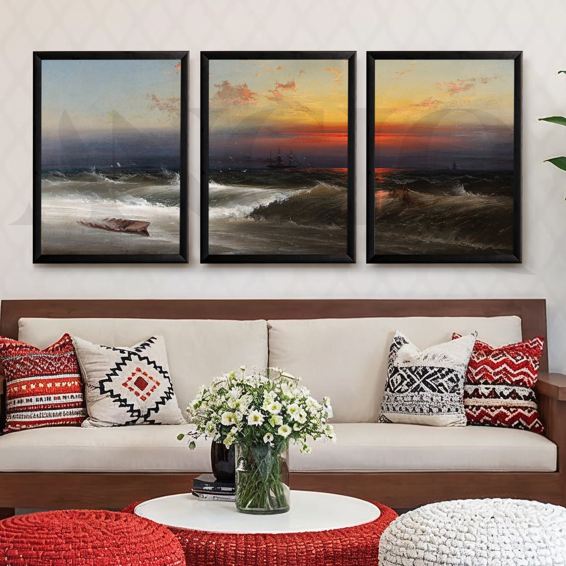 Dramatic Ocean Sunset Gallery Wall – Set of 3 Seascape Artworks - 18 x 24 Inches for Living Room