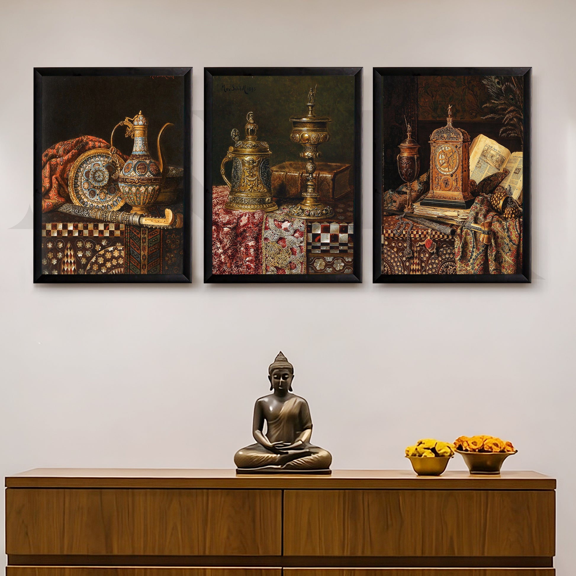 Vintage Antique Artefacts Gallery Wall – Set of 3 Classic Still Life Artworks - 18 x 24 Inches for Entryway/Hallway